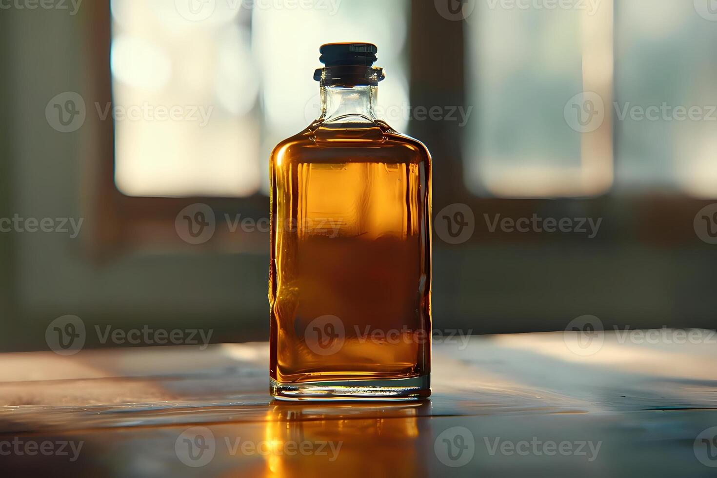Golden Liquid in Glass Bottle Reflects Sunlight, Sitting on Table near Window. A Study in Still Life Photography and Beverage Aesthetics. photo