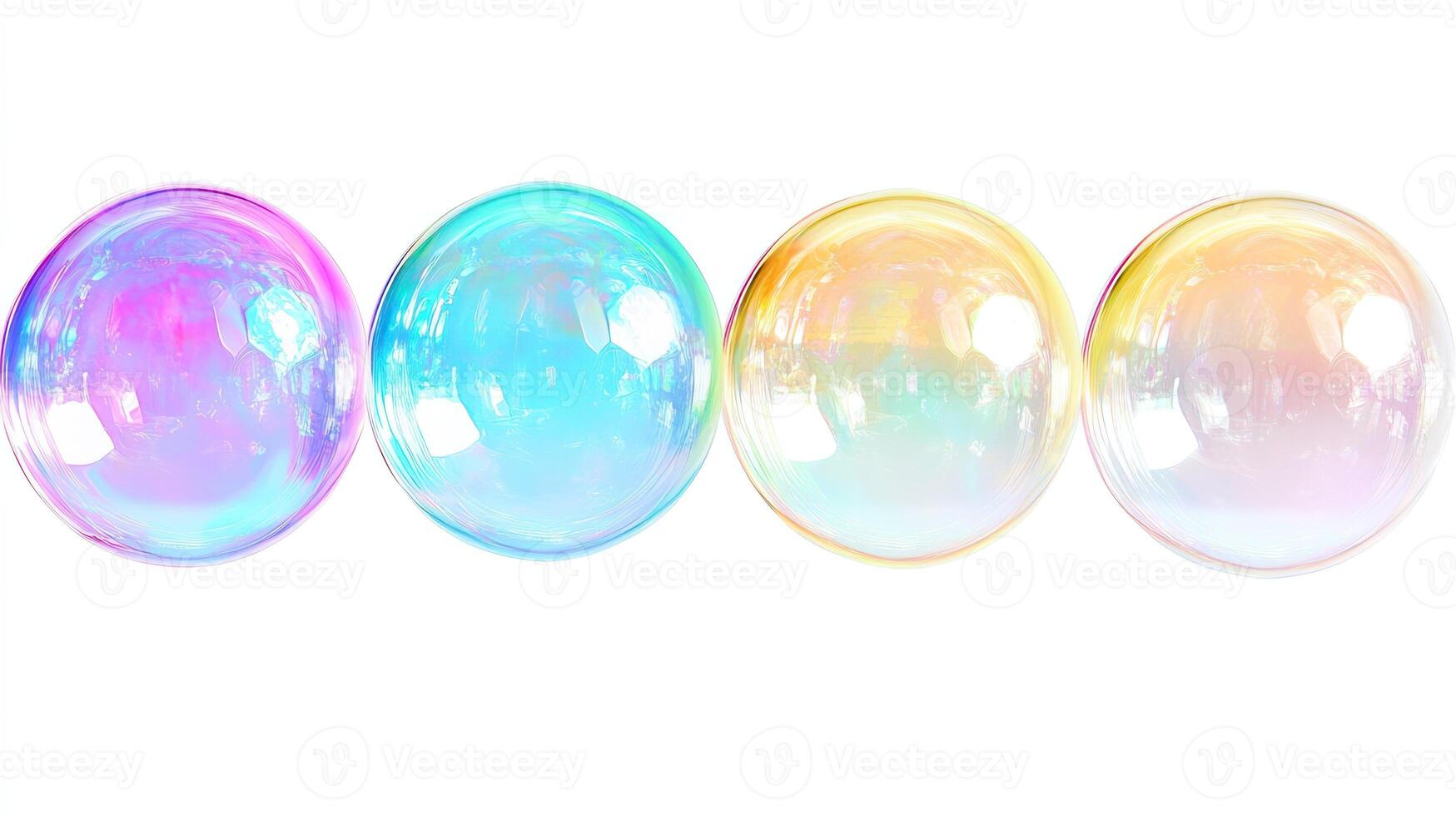 Four iridescent soap bubbles on a white background. photo