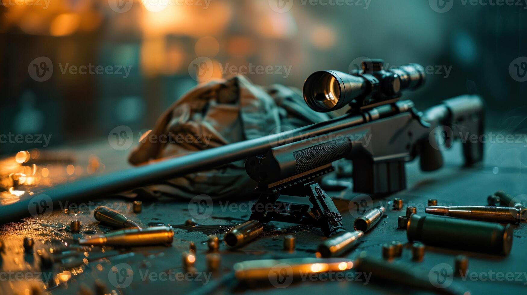 A Sniper Rifle and Spent Rounds on a Dark Surface photo