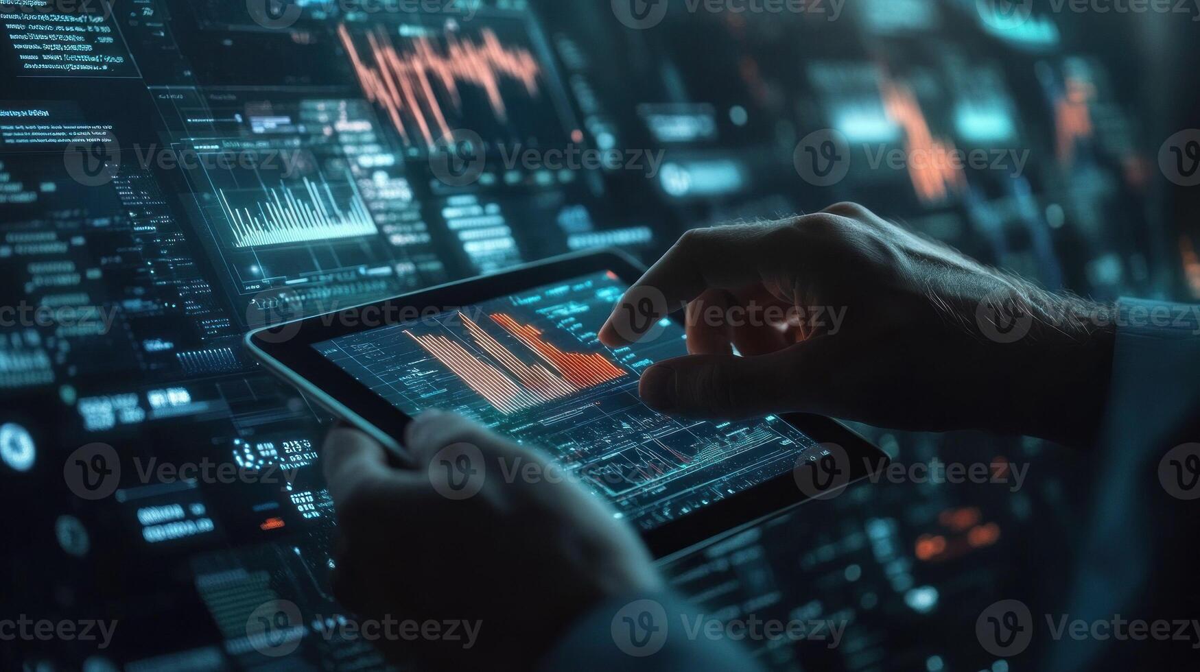 Person Analyzing Data on a Tablet with a Digital Display photo