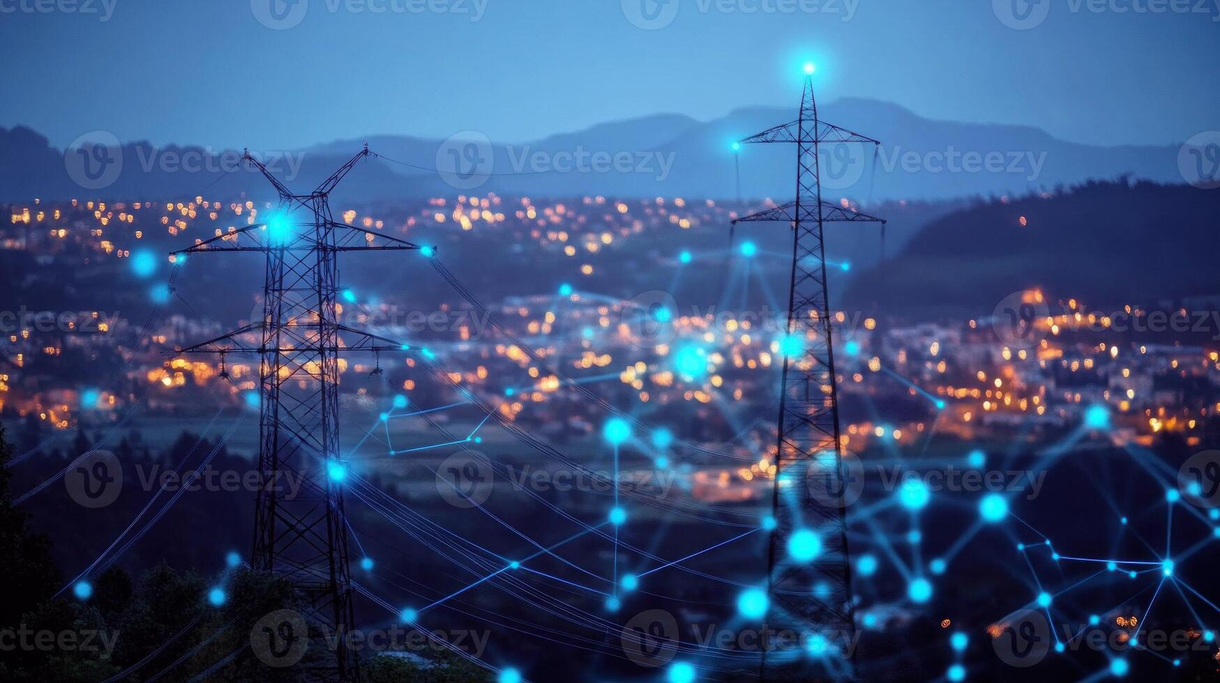 Power Lines and City Lights at Dusk with Digital Overlay photo