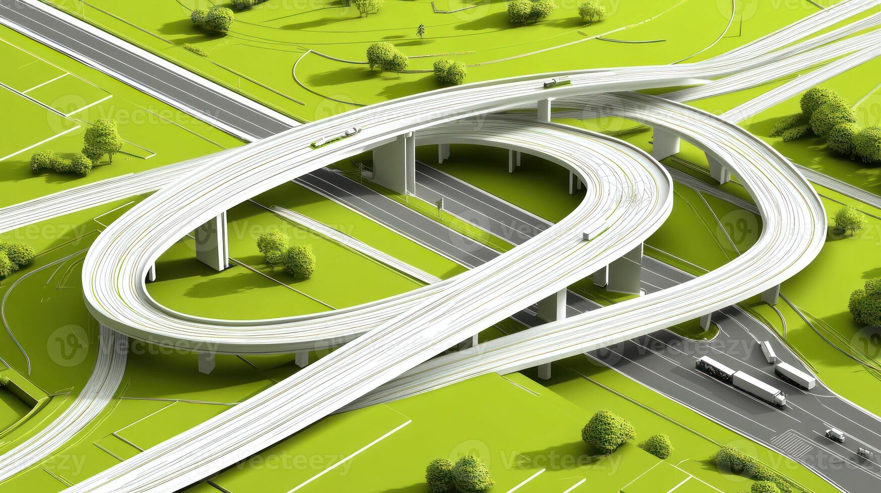 Aerial View of a Complex Highway Interchange with Lush Green Vegetation photo