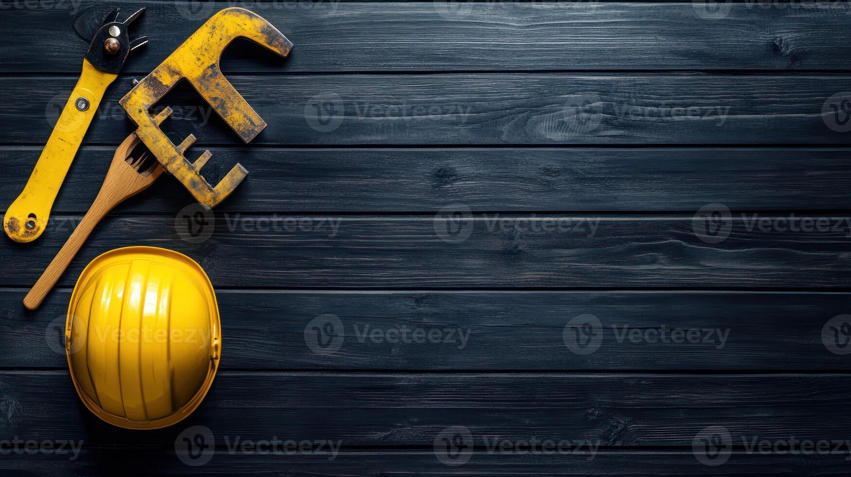 Yellow Construction Tools on Black Woodgrain Background photo