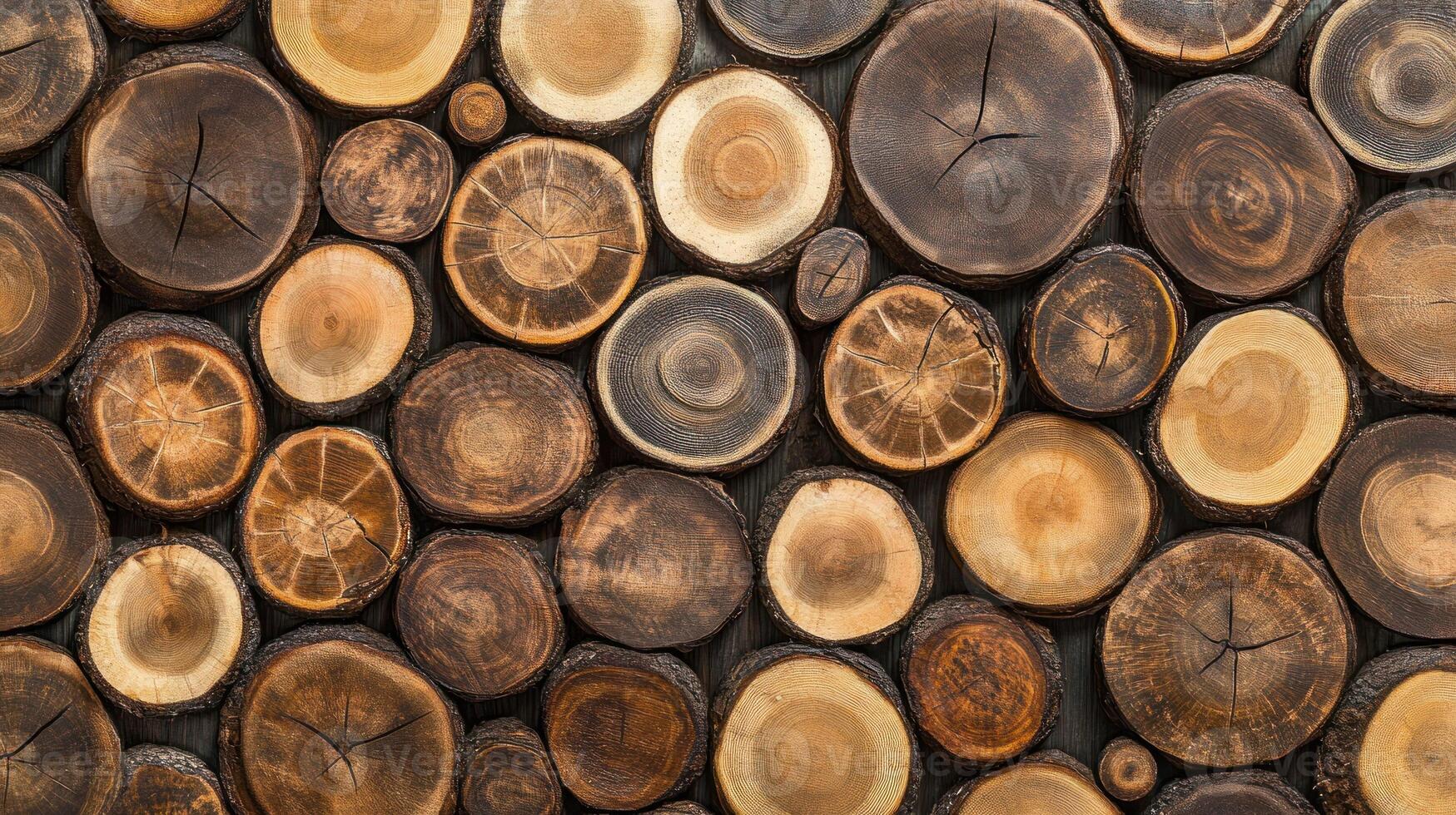 Close-up of Multiple Sliced Tree Trunk Cross Sections with Growth Rings photo
