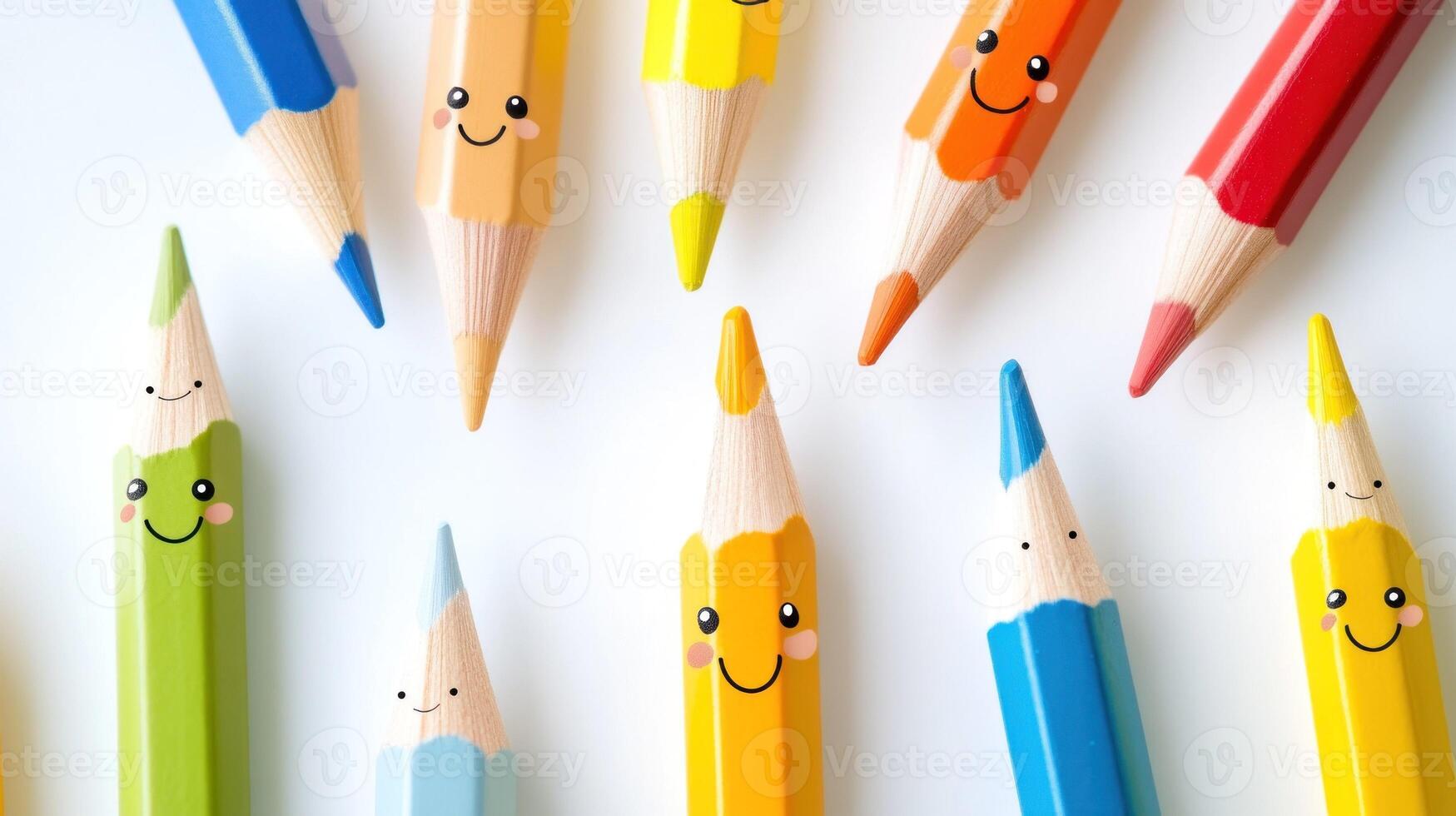 Colorful Pencils with Happy Faces Arranged on a White Surface photo