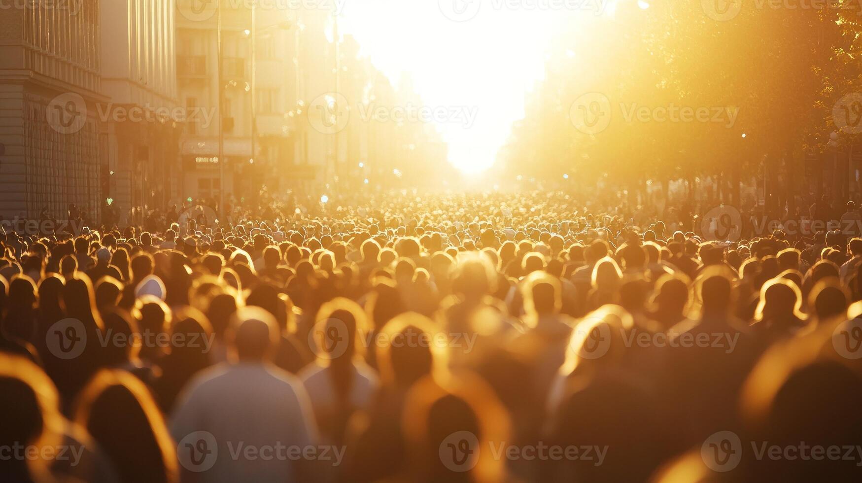 Silhouettes of a Crowd Facing the Setting Sun in a City Street photo