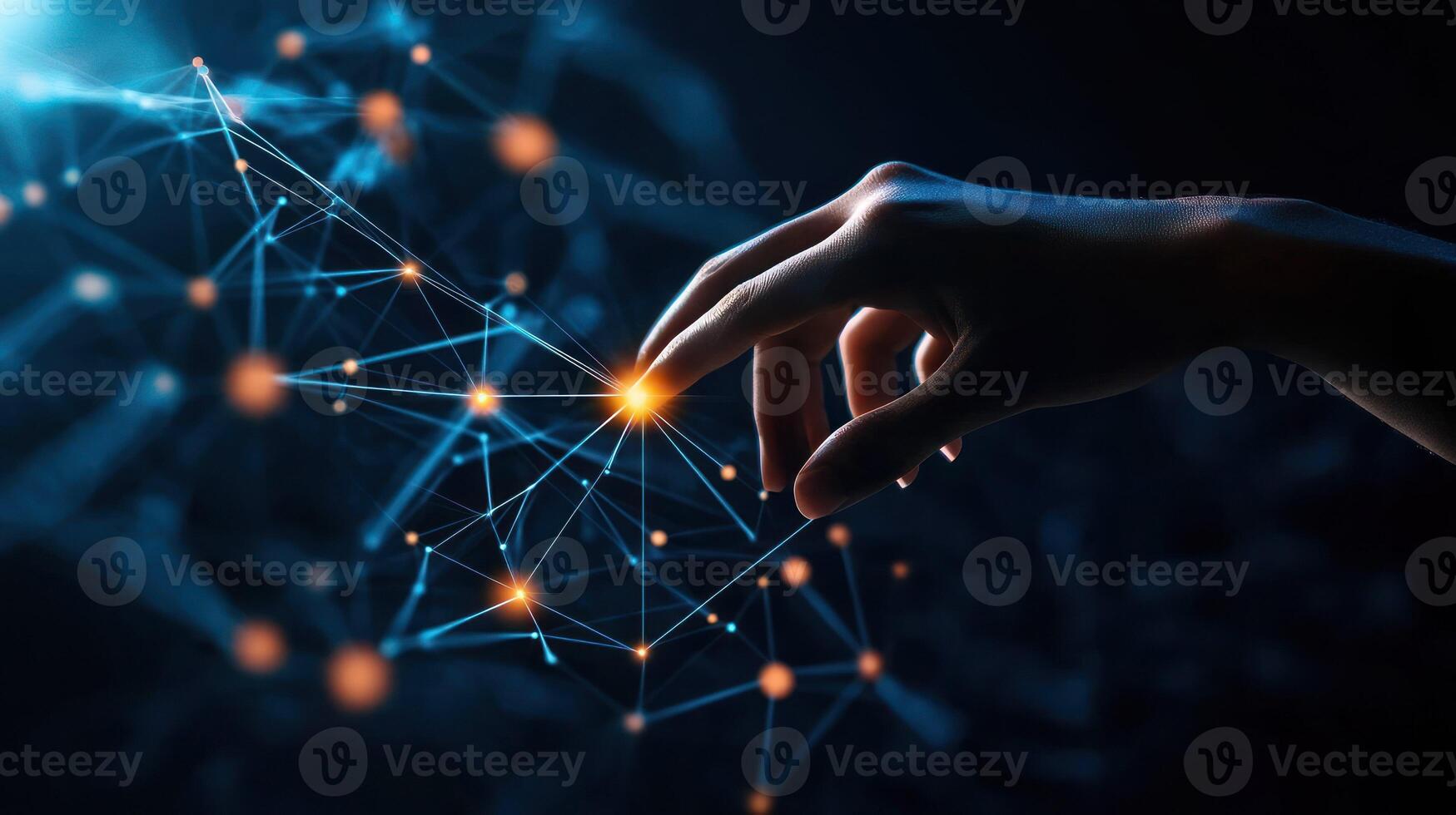 Hand Interacting with a Glowing Network of Lines and Points photo