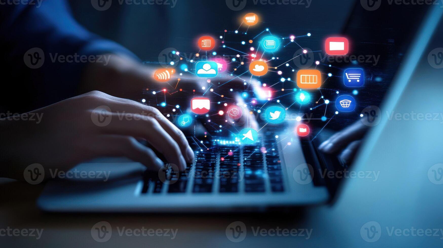 Person Typing on Laptop with Social Media Icons Hovering Above photo