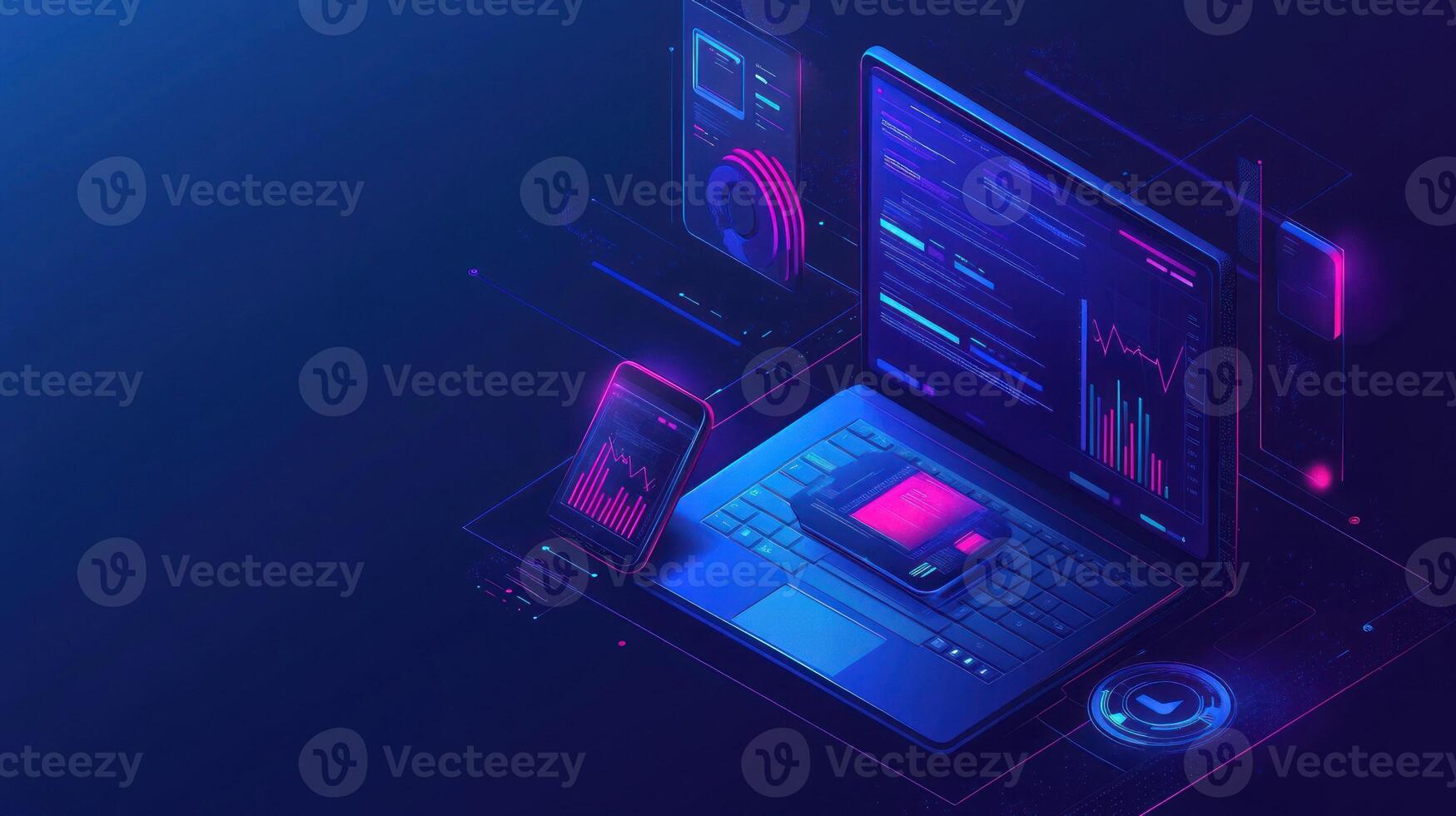 Laptop, Smartphone, and Tablet with Neon Lights and Data Visualizations photo