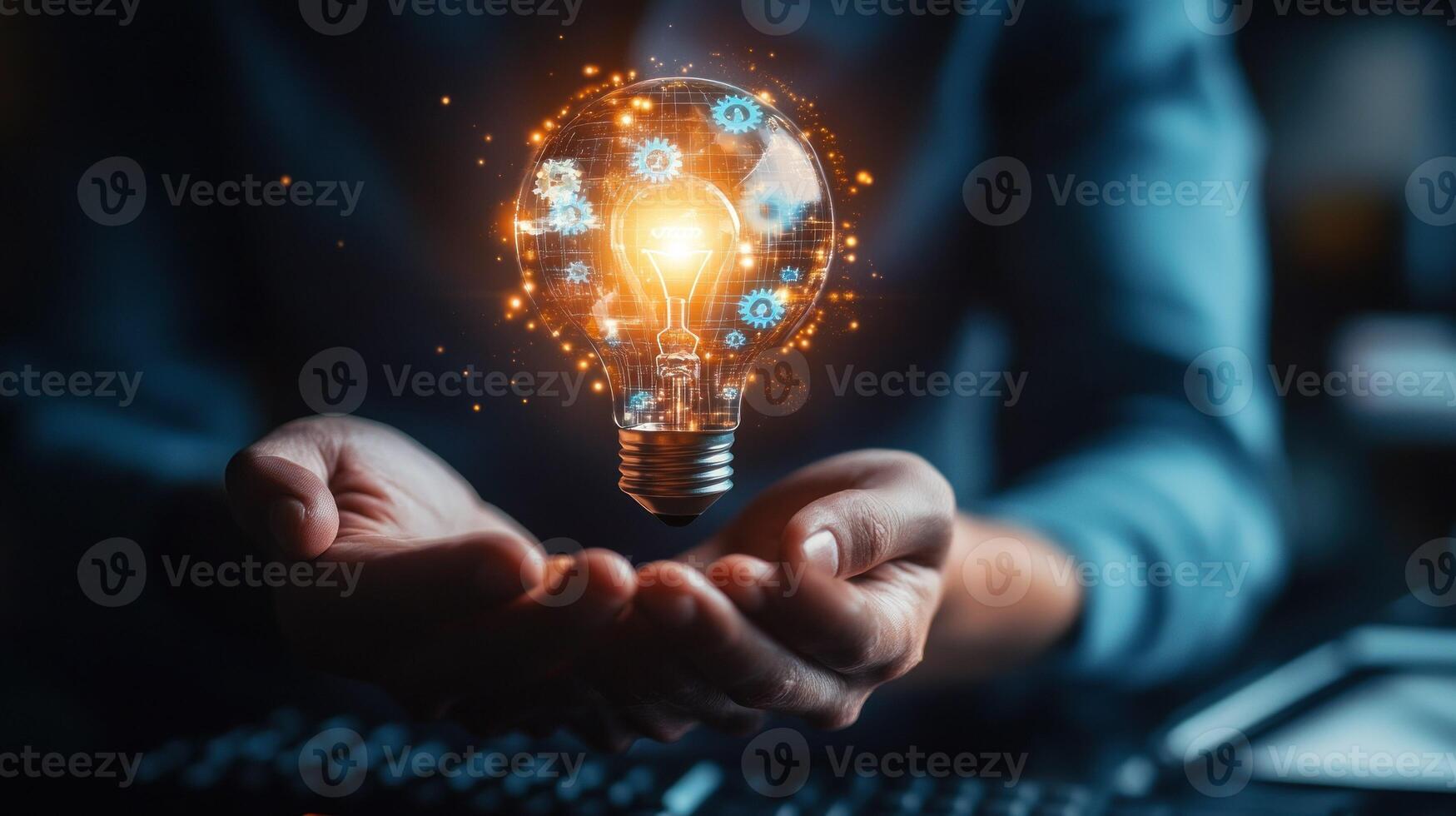 Illuminated Light Bulb Held by Hands with Gears and Sparks photo