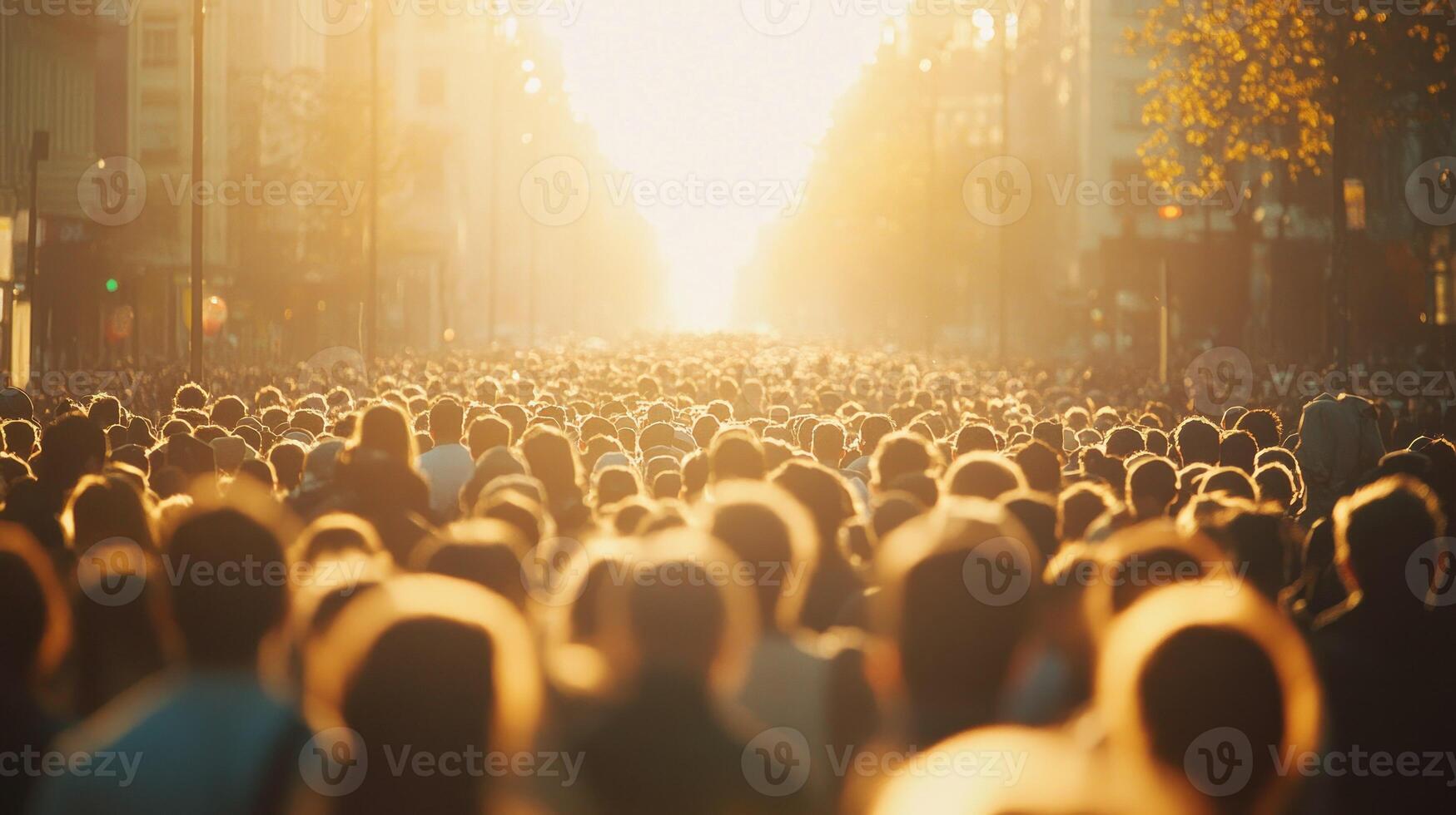 Silhouetted Crowd Facing the Setting Sun in a City Street photo
