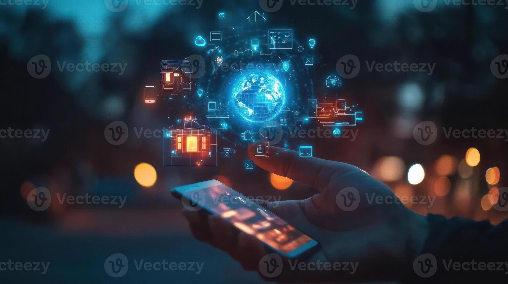 Hand Holding Smartphone with Holographic Smart Home and Global Network Visualization photo
