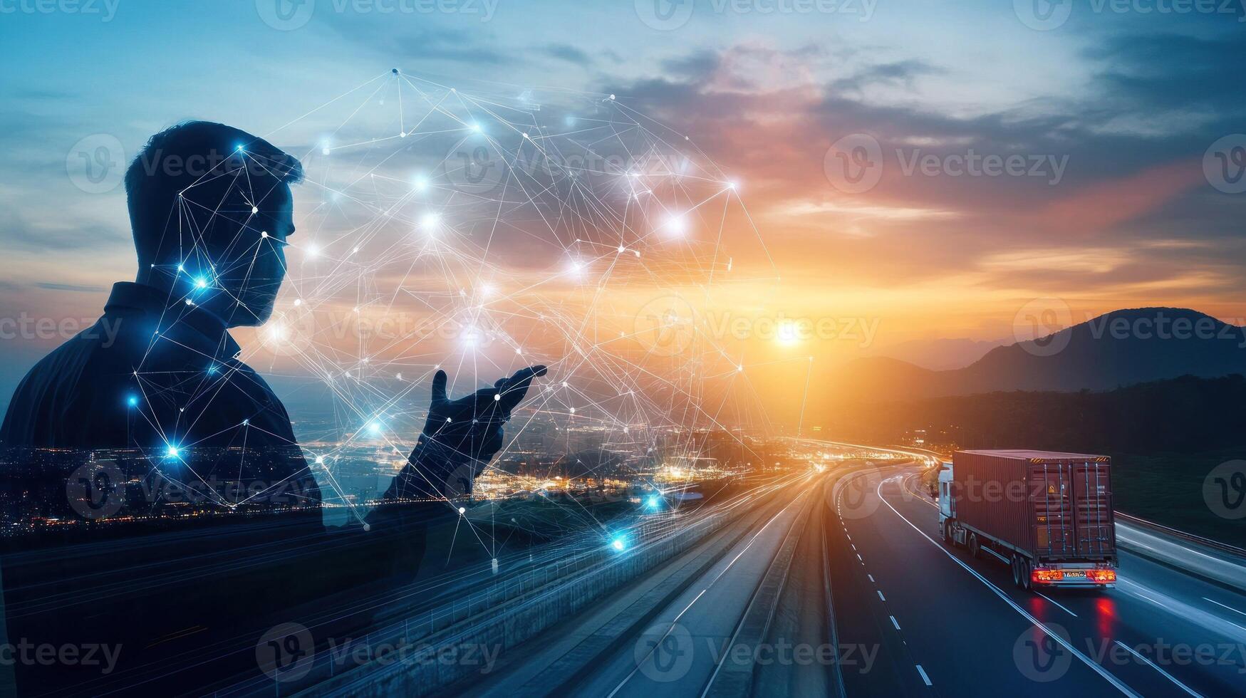 Silhouette of a Man Connecting Network Lines with a Semi-Truck on a Highway at Sunset photo