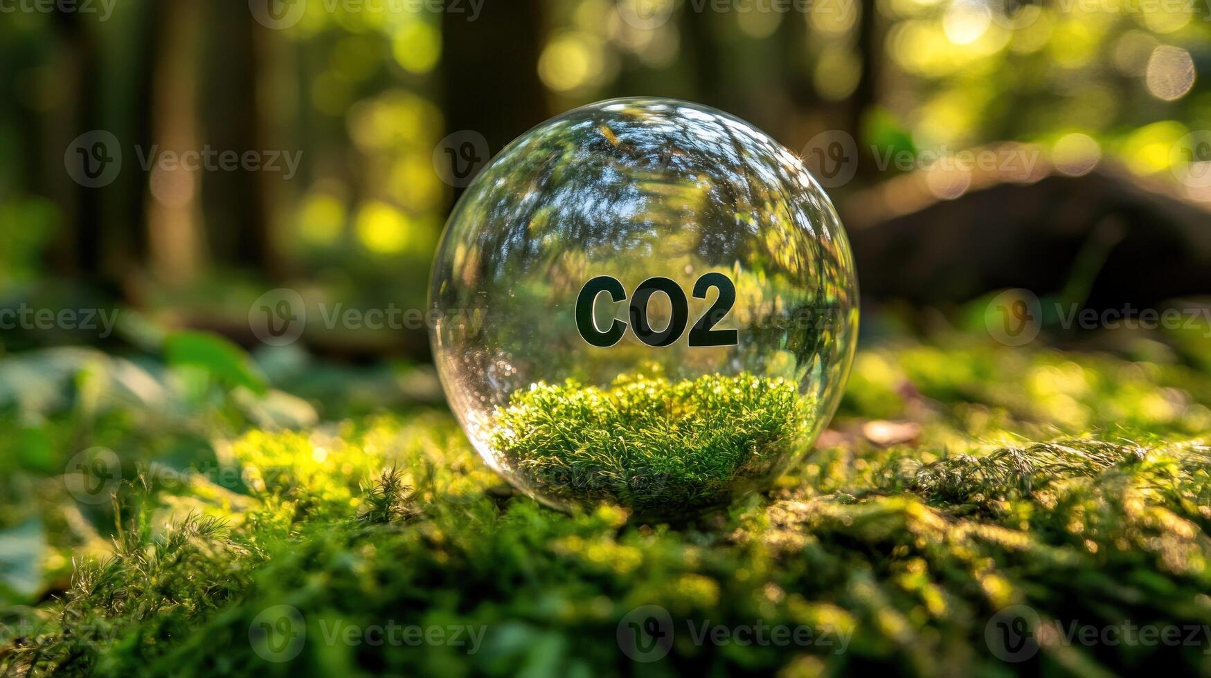Glass Sphere with Moss and CO2 Symbol in a Forest Setting photo