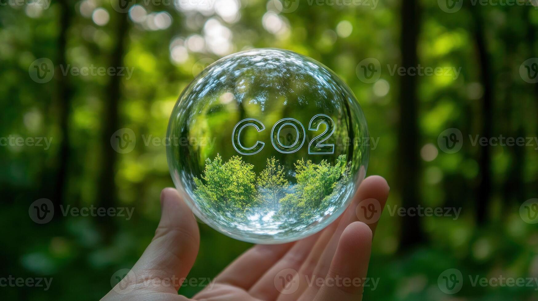 A Hand Holding a Glass Sphere with CO2 Written on It, Reflecting a Green Forest. photo