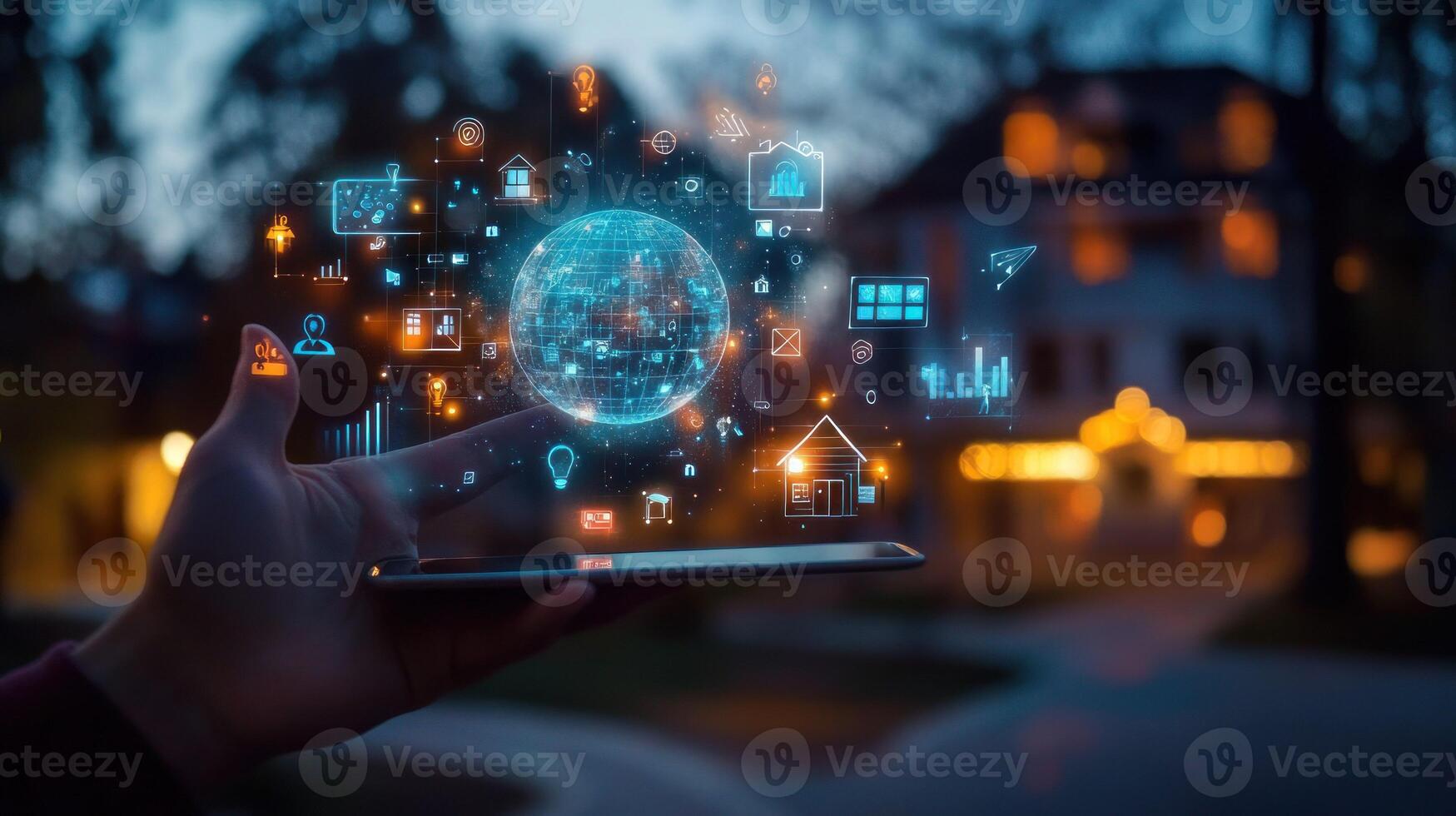 Hand Holding a Smartphone with a 3D Hologram of a Globe and Smart Home Icons photo