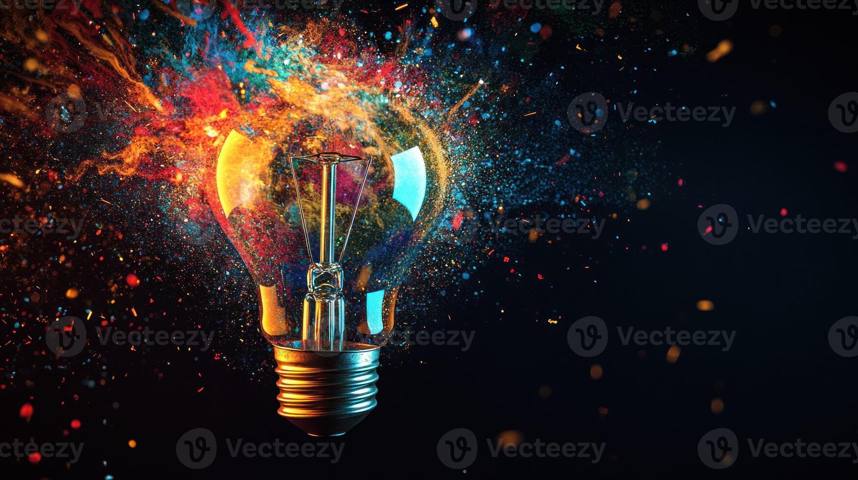 Lightbulb Exploding with Colorful Particles on Black Background photo