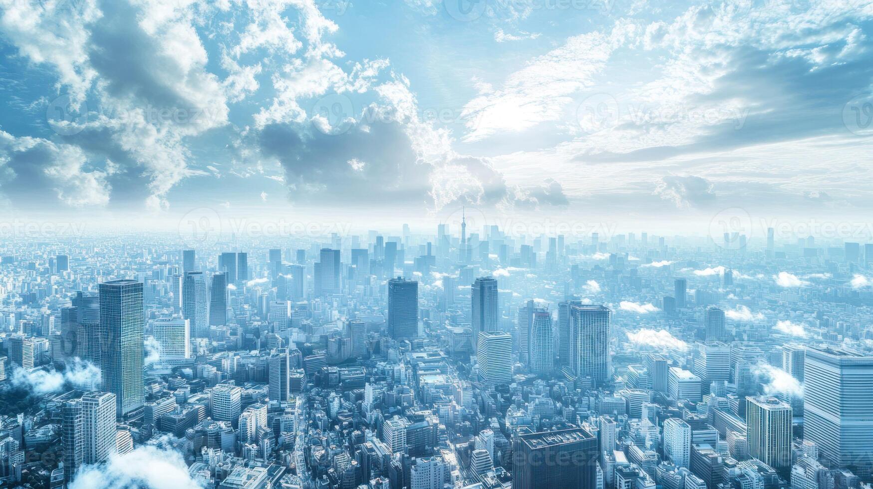 Aerial View of a Dense Cityscape with a Blue Sky and Clouds photo