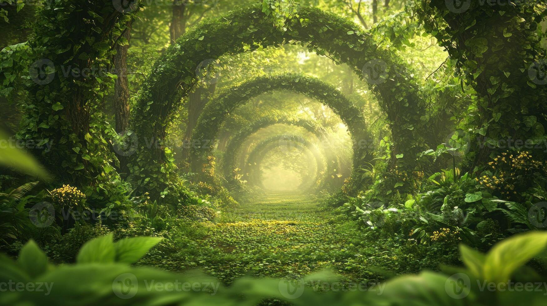 Mystical Forest Path with Sunlit Arches Formed by Lush Greenery photo