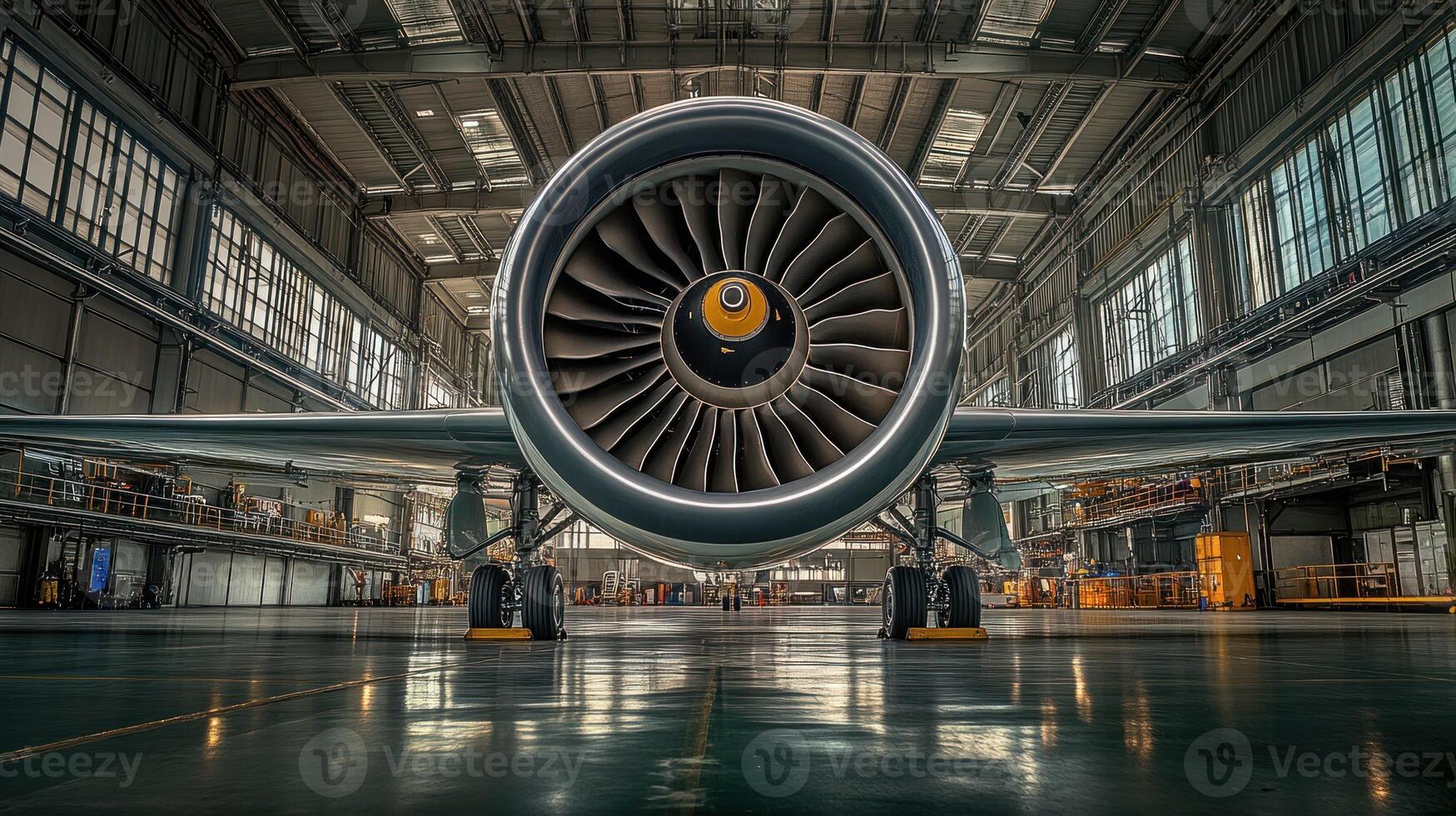 Airplane Engine and Landing Gear in Hangar photo