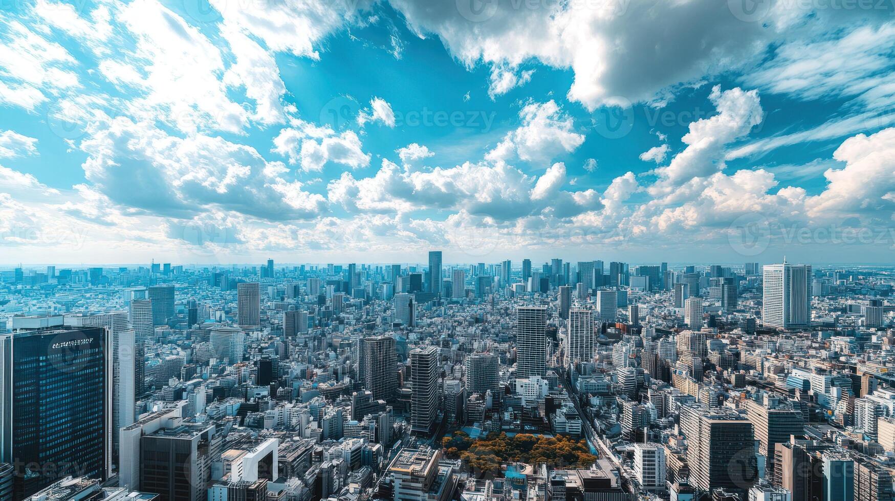 Aerial View of a Dense Cityscape with White Clouds and a Blue Sky photo