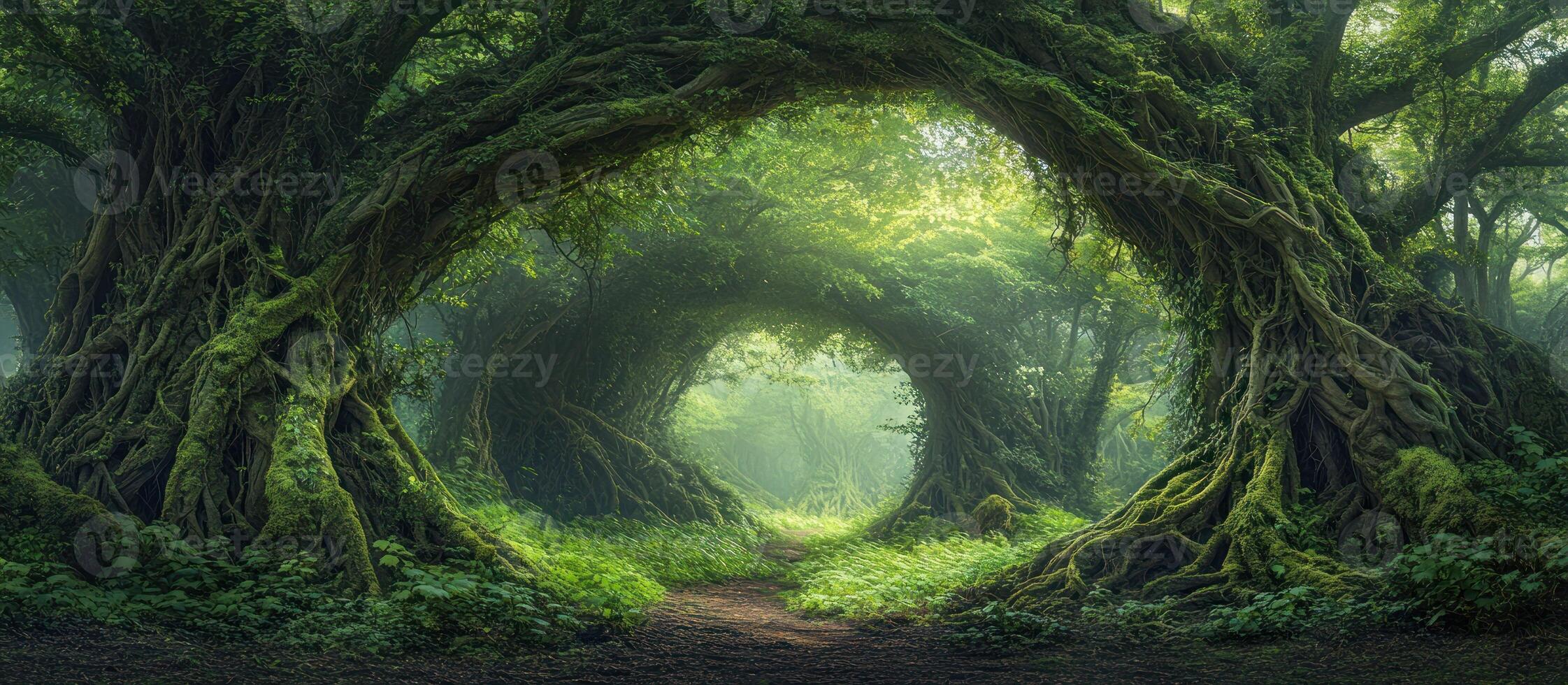Enchanting Path Through a Lush, Moss-Covered Forest photo