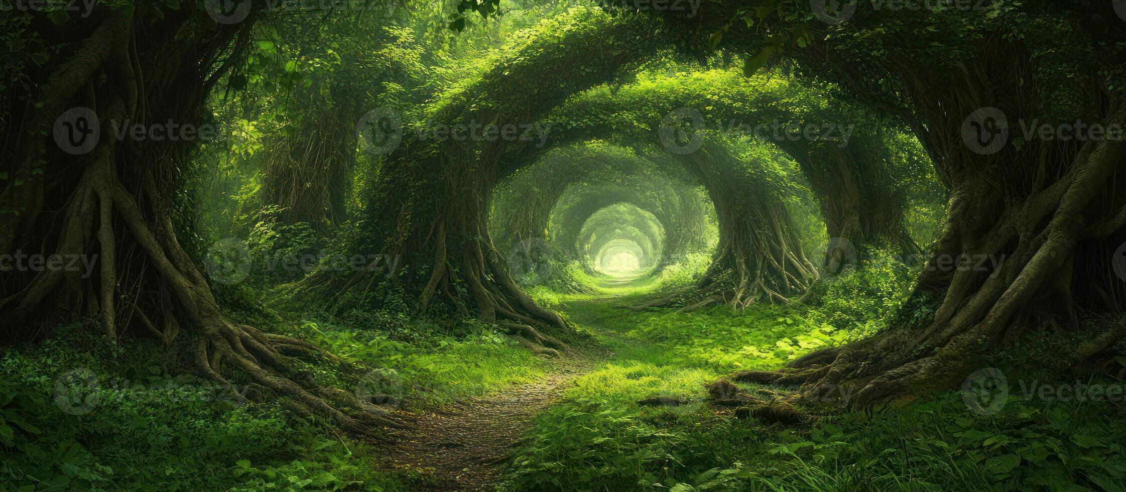 A Pathway Through an Enchanting Green Forest Canopy photo
