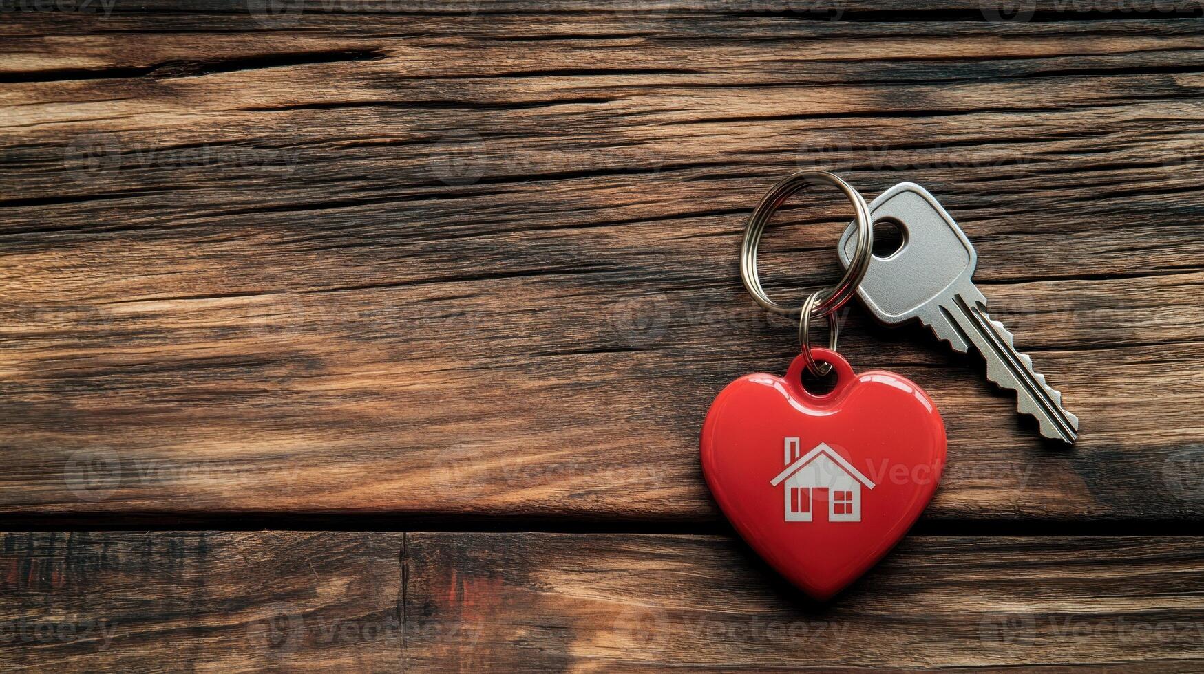 House-shaped keychain on red heart attached to key on rustic wooden background photo