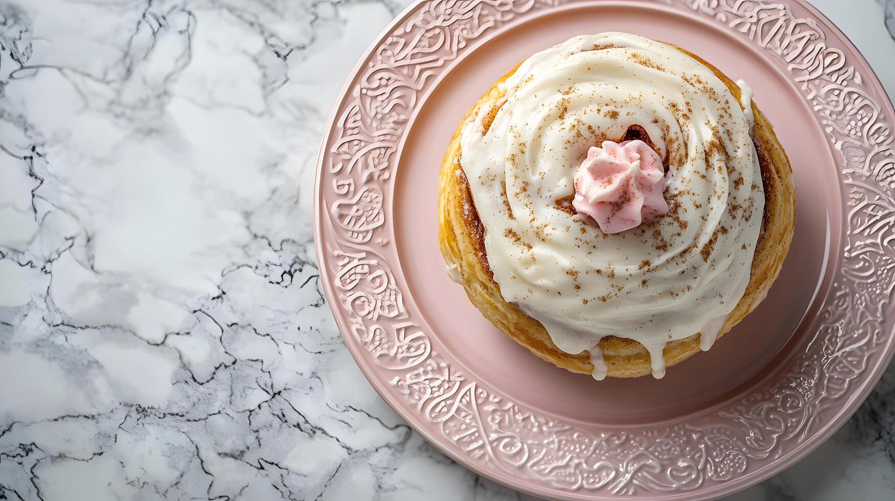 Cinnamon roll topped with vanilla glaze sits on pink porcelain plate with elegant pattern. Dripping frosting adorns fluffy pastry texture on white marble surface in soft morning light. fluffy photo