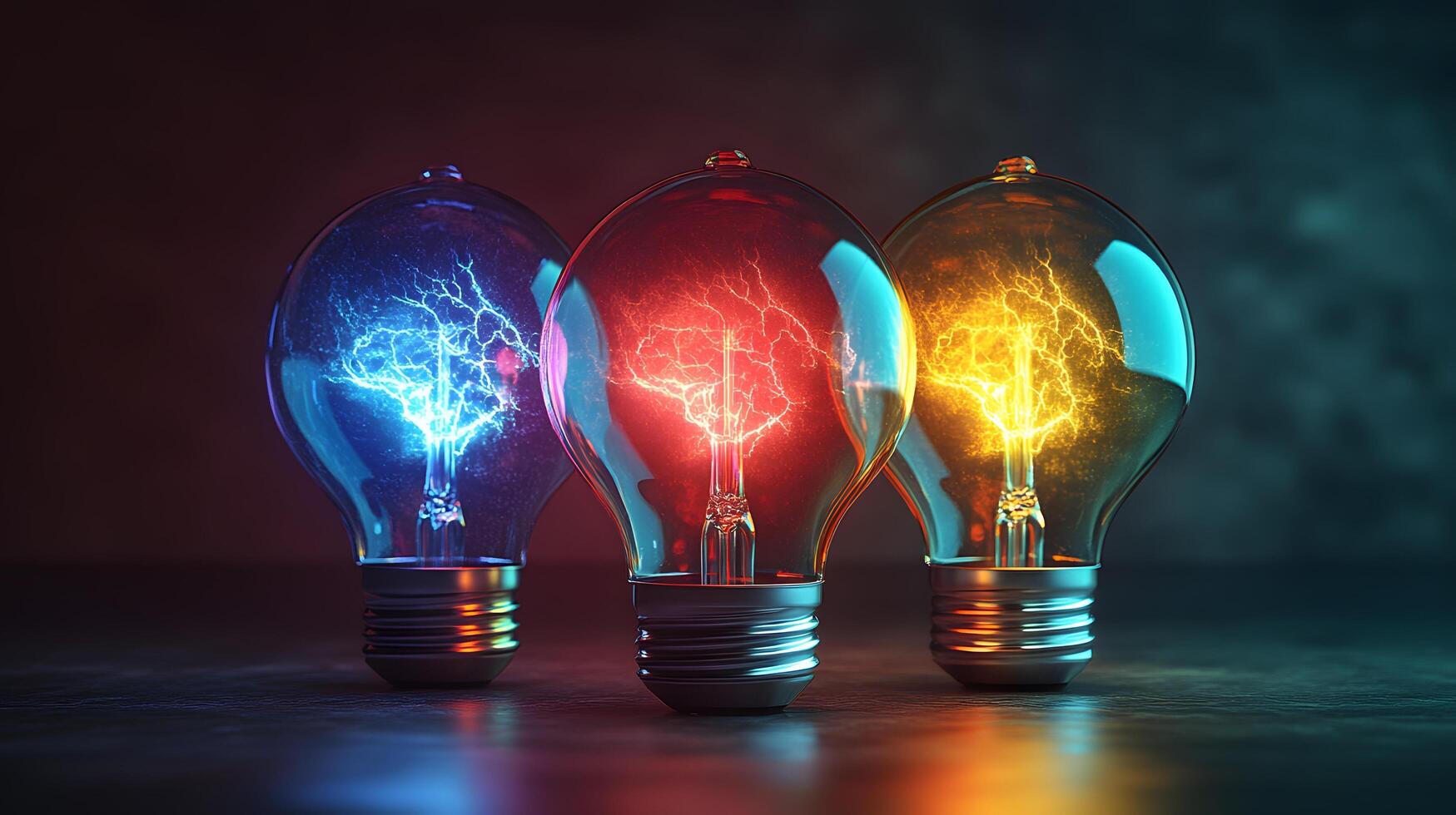 Light bulb contains rainbow-colored lightning storm, displaying electric energy sparks inside clear glass against dark-to-light blue gradient with cinematic lighting effects. glow photo