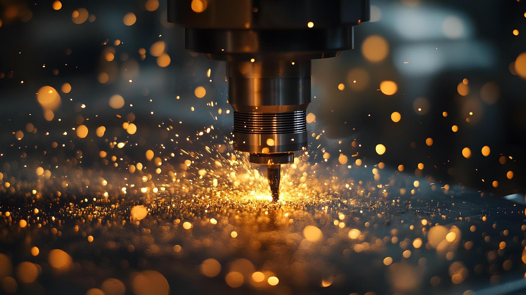 Metal machining process shows CNC mill cutting with flying sparks, capturing industrial precision engineering in dramatic lighting with detailed manufacturing focus and depth. technical photo