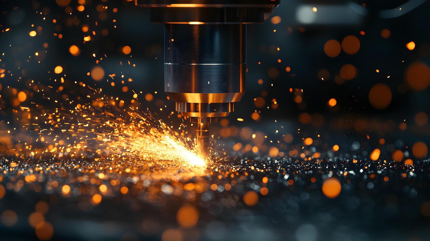 Metal machining process shows CNC mill cutting with flying sparks, capturing industrial precision engineering in dramatic lighting with detailed manufacturing focus and depth. metalwork photo