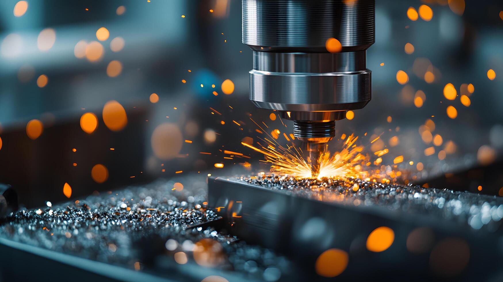 Metal machining process shows CNC mill cutting with flying sparks, capturing industrial precision engineering in dramatic lighting with detailed manufacturing focus and depth. craftsmanship photo