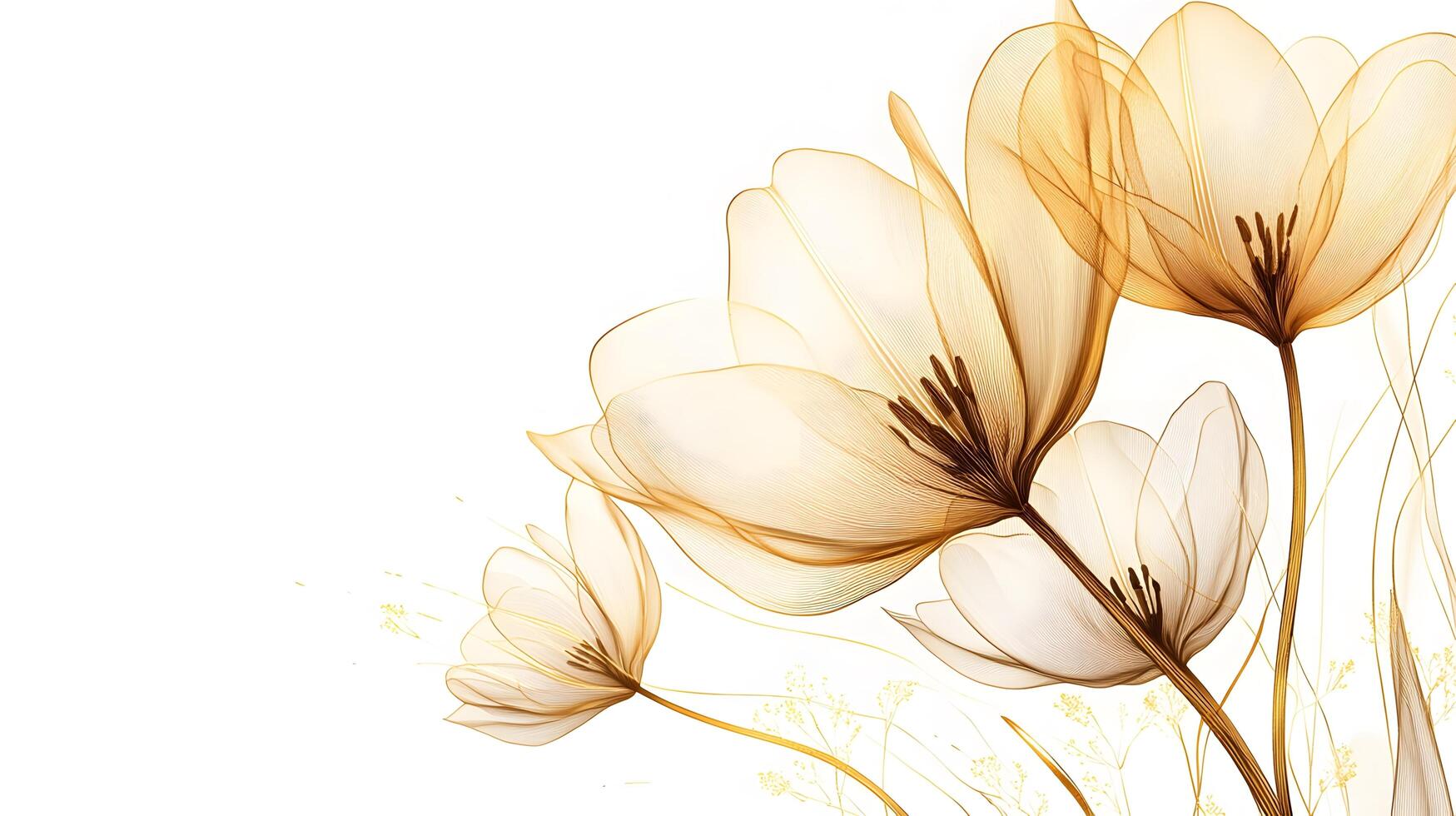 Delicate golden line art depicts tulip flower with intricate petal details on white backdrop, combining elegant botanical drawing style with minimalist art nouveau design elements. botanical photo