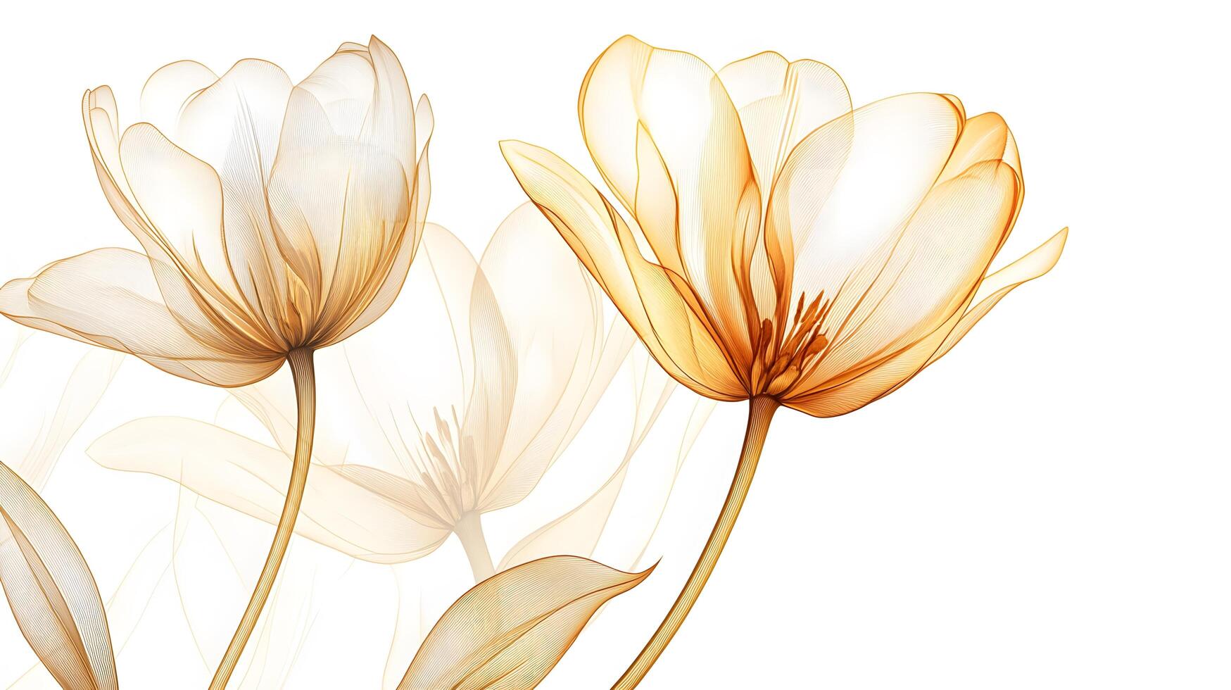 Delicate golden line art depicts tulip flower with intricate petal details on white backdrop, combining elegant botanical drawing style with minimalist art nouveau design elements. minimalist photo