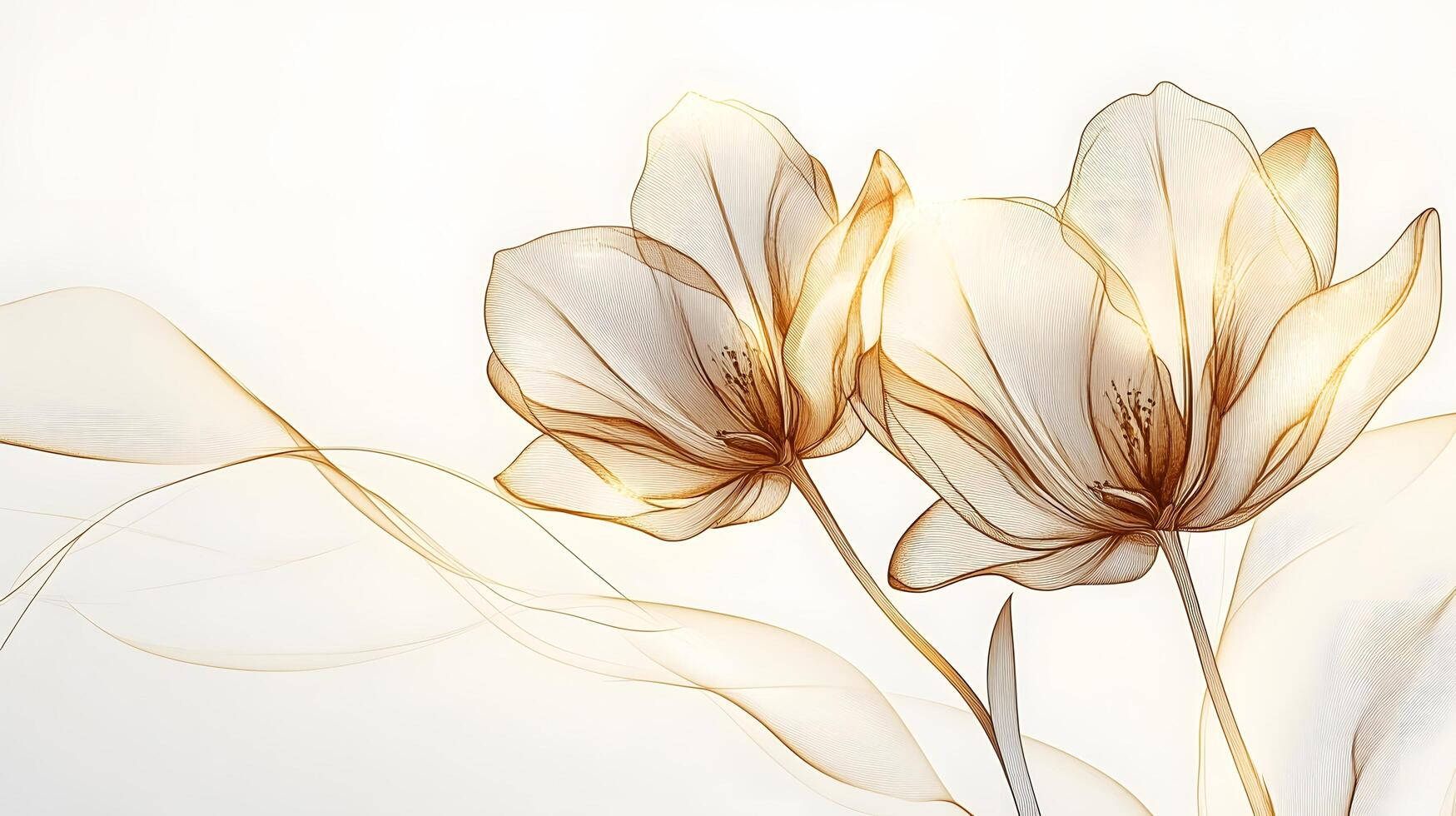 Delicate golden line art depicts tulip flower with intricate petal details on white backdrop, combining elegant botanical drawing style with minimalist art design elements. photo