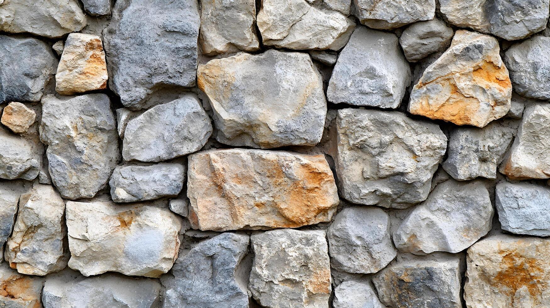 Raw concrete and natural stone wall showcases rustic construction with mixed gray tones, featuring embedded stones and rough surface patterns, creating industrial architectural detail with weathered photo