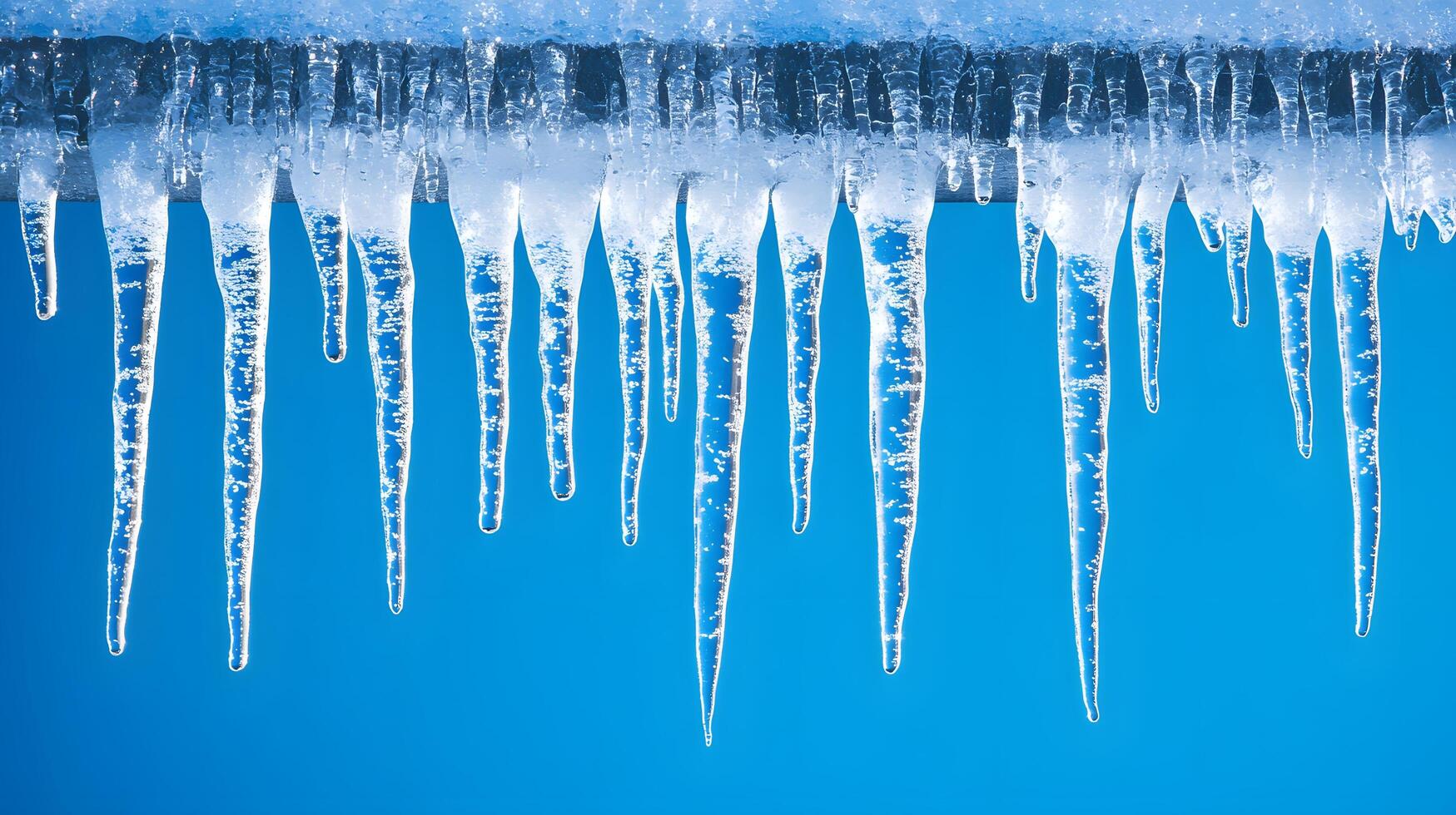 Long icicles hang from roof edge against crystal clear blue sky, displaying frozen water droplets and transparent ice formation with dramatic natural lighting in winter scene. icicle photo