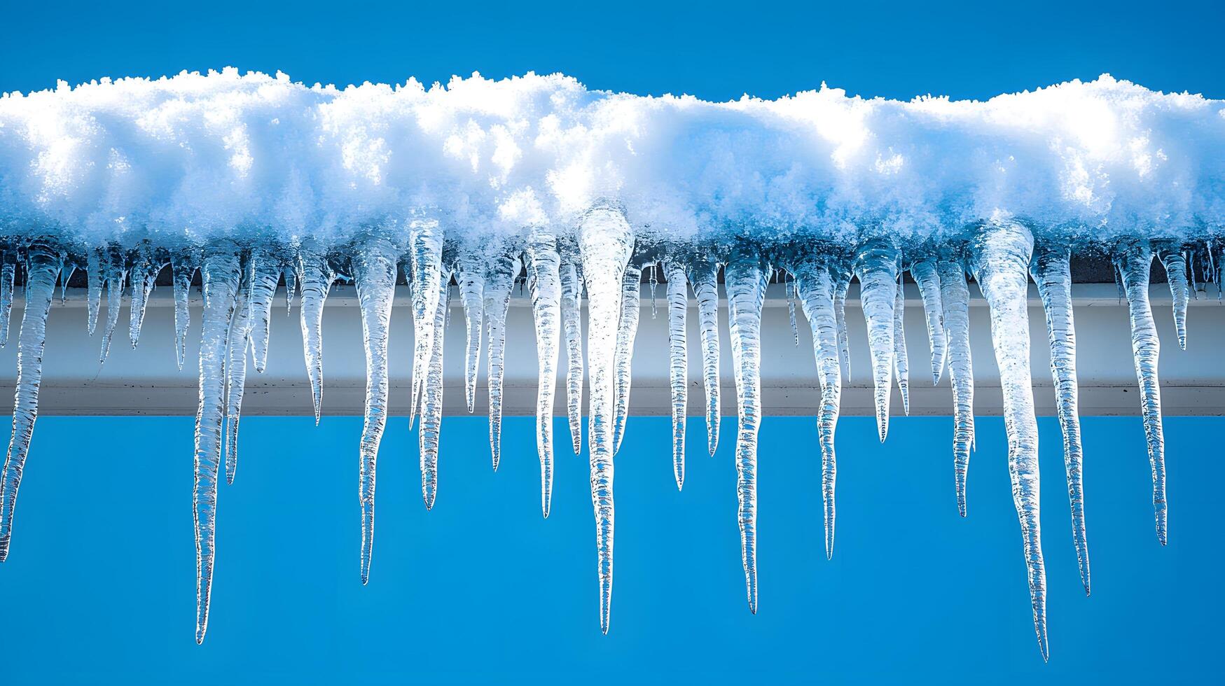 Long icicles hang from roof edge against crystal clear blue sky, displaying frozen water droplets and transparent ice formation with dramatic natural lighting in winter scene. sky photo