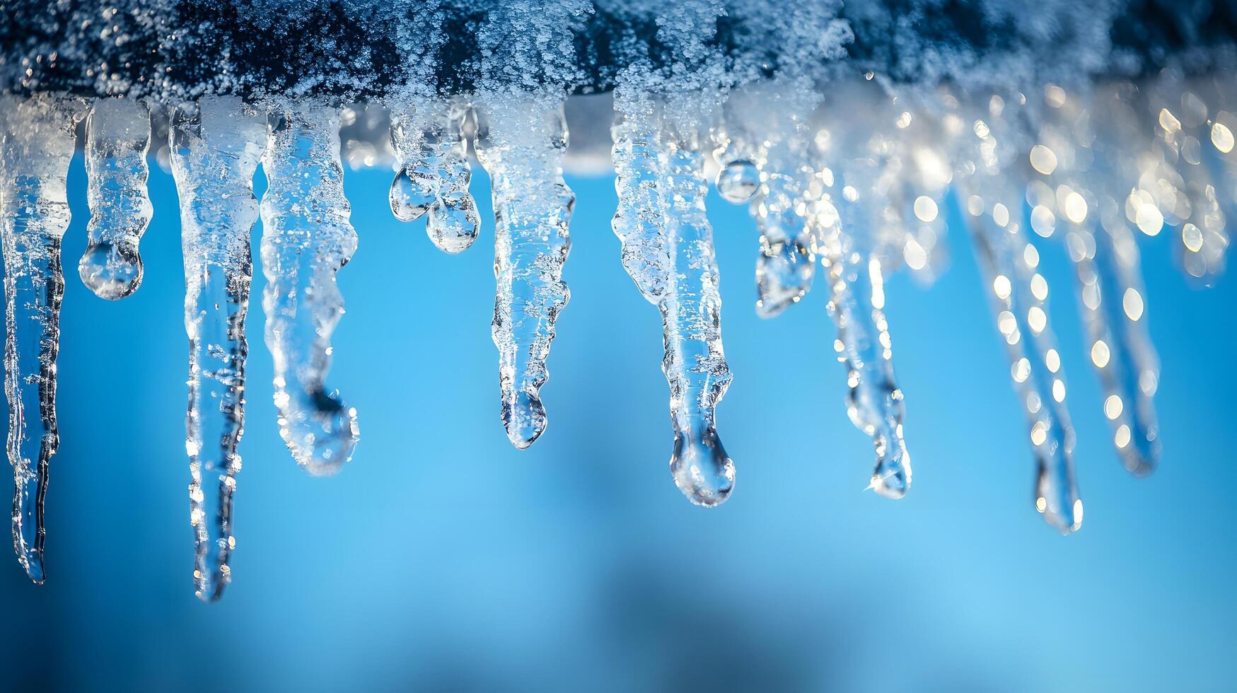 Long icicles hang from roof edge against crystal clear blue sky, displaying frozen water droplets and transparent ice formation with dramatic natural lighting in winter scene. water photo