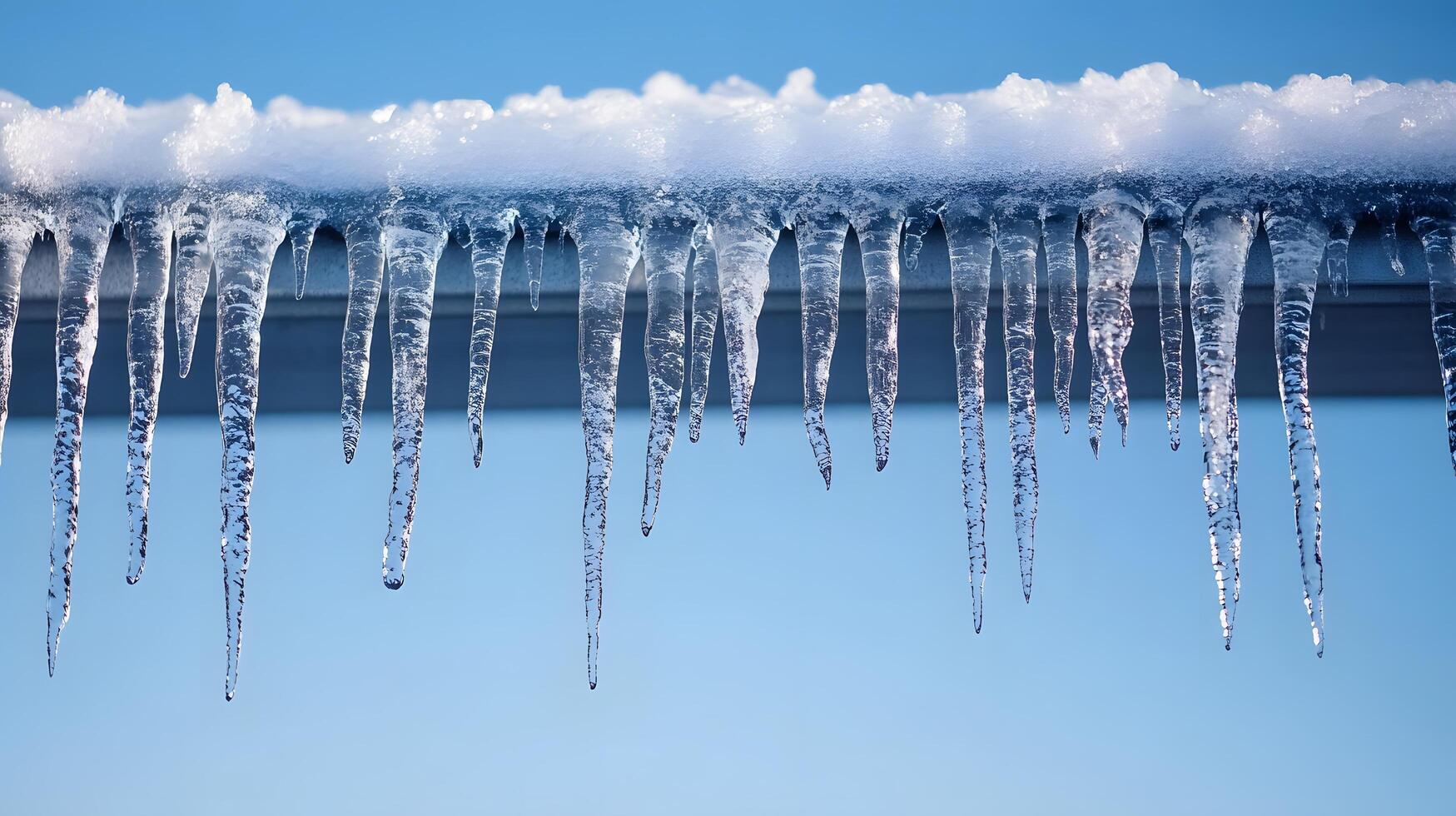 Long icicles hang from roof edge against crystal clear blue sky, displaying frozen water droplets and transparent ice formation with dramatic natural lighting in winter scene. transparent photo