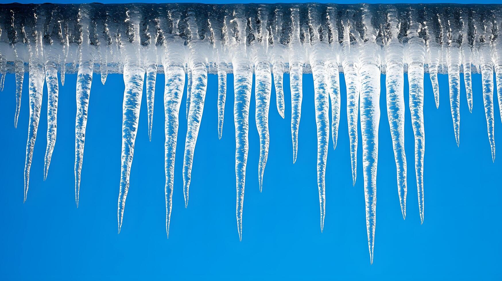 Long icicles hang from roof edge against crystal clear blue sky, displaying frozen water droplets and transparent ice formation with dramatic natural lighting in winter scene. dramatic photo