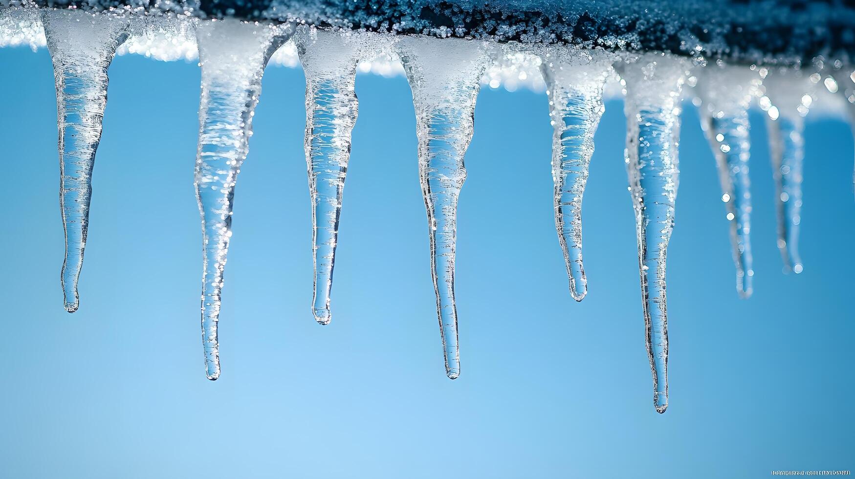 Long icicles hang from roof edge against crystal clear blue sky, displaying frozen water droplets and transparent ice formation with dramatic natural lighting in winter scene. frost photo
