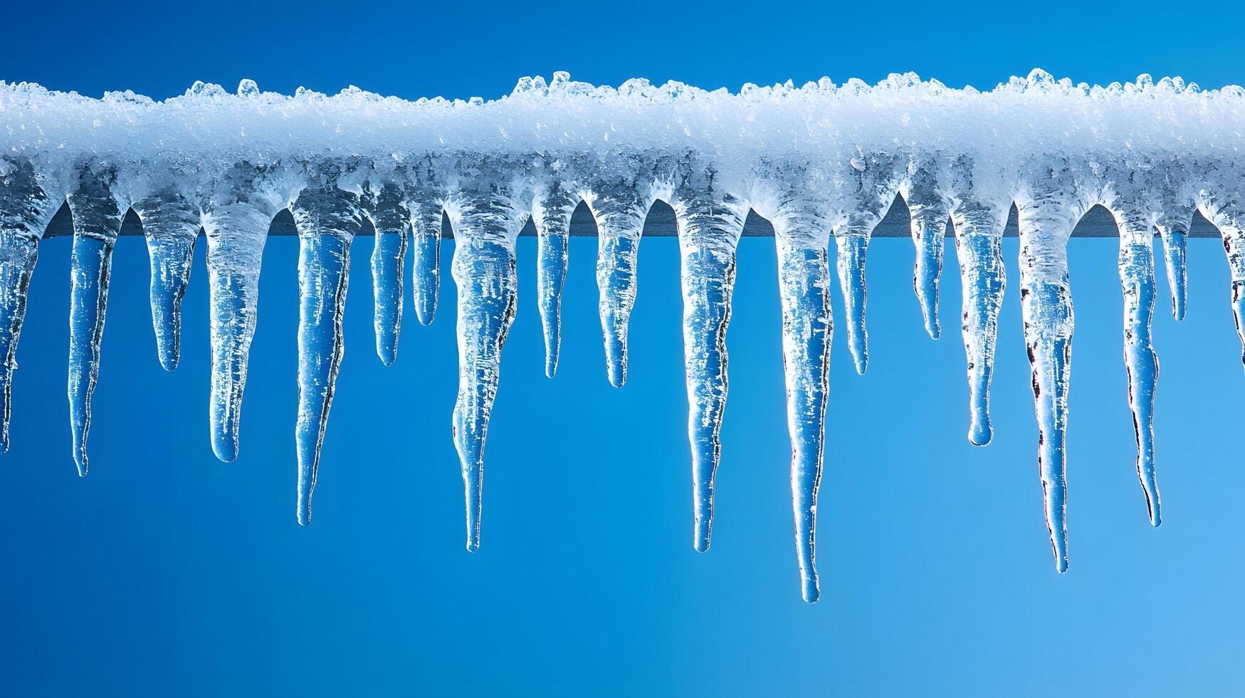 Long icicles hang from roof edge against crystal clear blue sky, displaying frozen water droplets and transparent ice formation with dramatic natural lighting in winter scene. winter photo