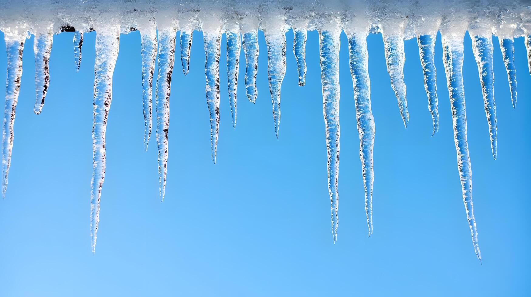 Long icicles hang from roof edge against crystal clear blue sky, displaying frozen water droplets and transparent ice formation with dramatic natural lighting in winter scene. lighting photo