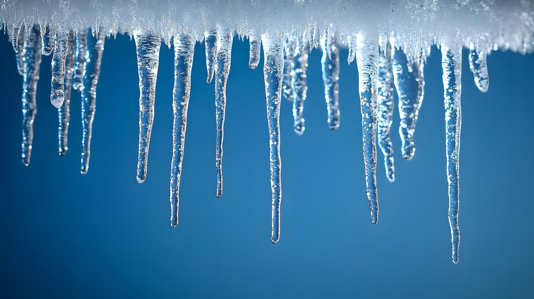 Long icicles hang from roof edge against crystal clear blue sky, displaying frozen water droplets and transparent ice formation with dramatic natural lighting in winter scene. freezing photo