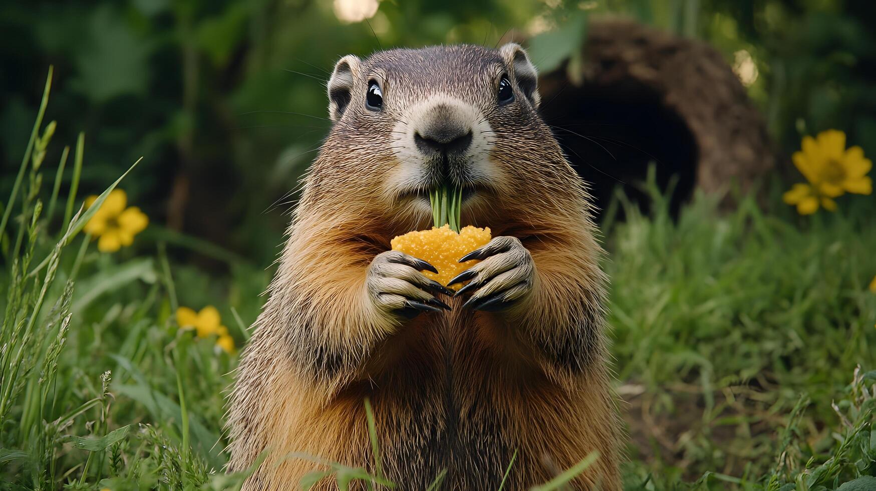 Groundhog stands in prairie grassland holding grass in paws, displaying soft golden fur near burrow entrance against green meadow background in natural sunlight with curious expression. environment photo