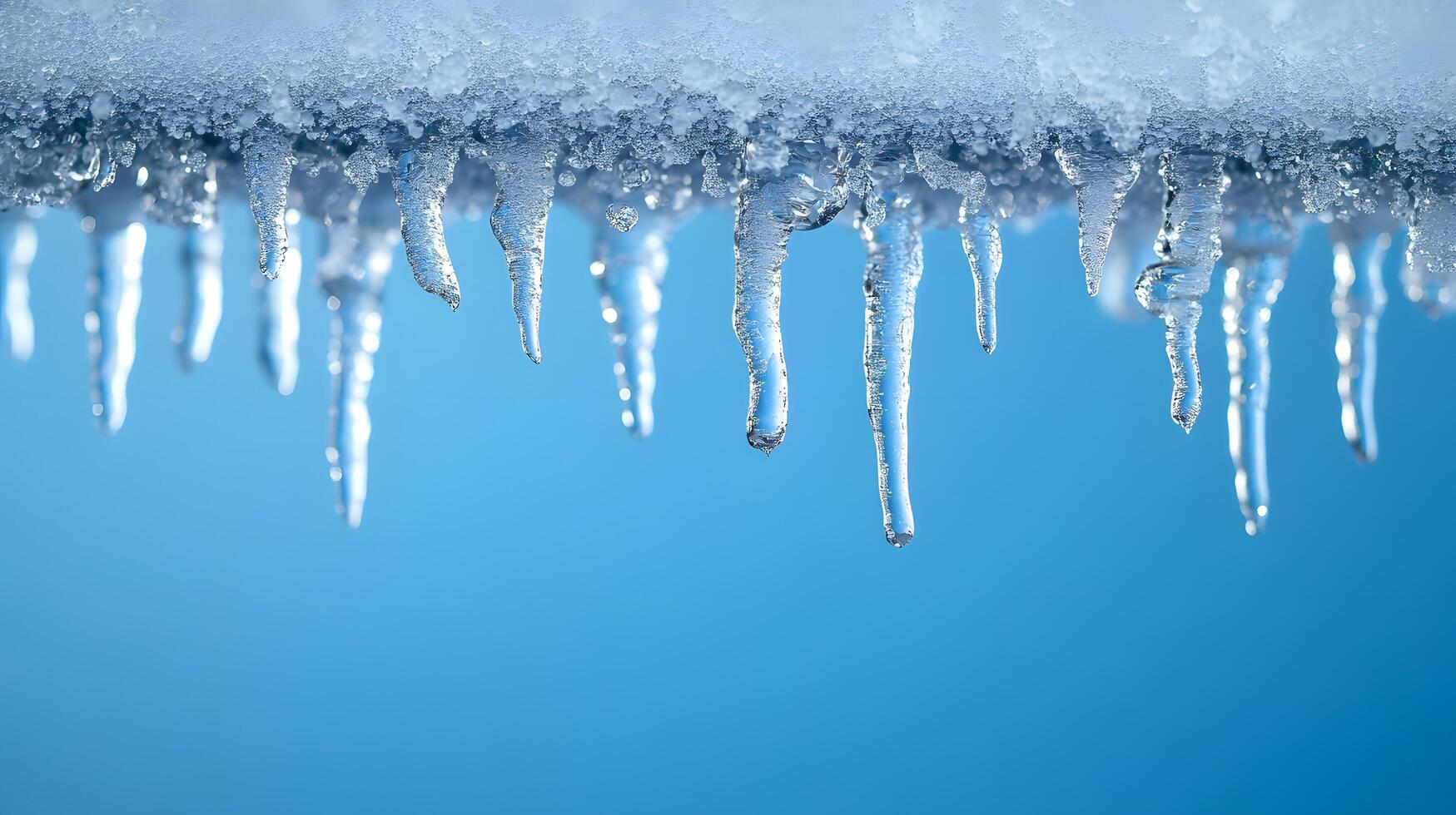 Long icicles hang from roof edge against crystal clear blue sky, displaying frozen water droplets and transparent ice formation with dramatic natural lighting in winter scene. formation photo