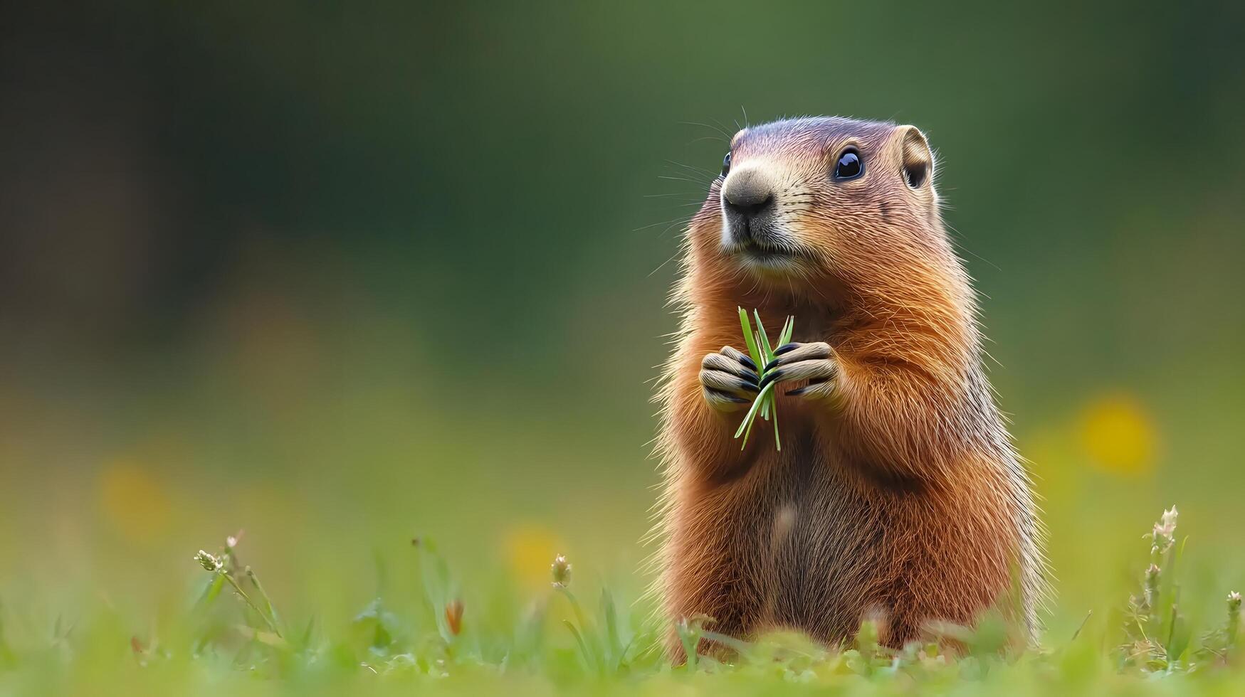 Groundhog stands in prairie grassland holding grass in paws, displaying soft golden fur near burrow entrance against green meadow background in natural sunlight with curious expression. vegetation photo