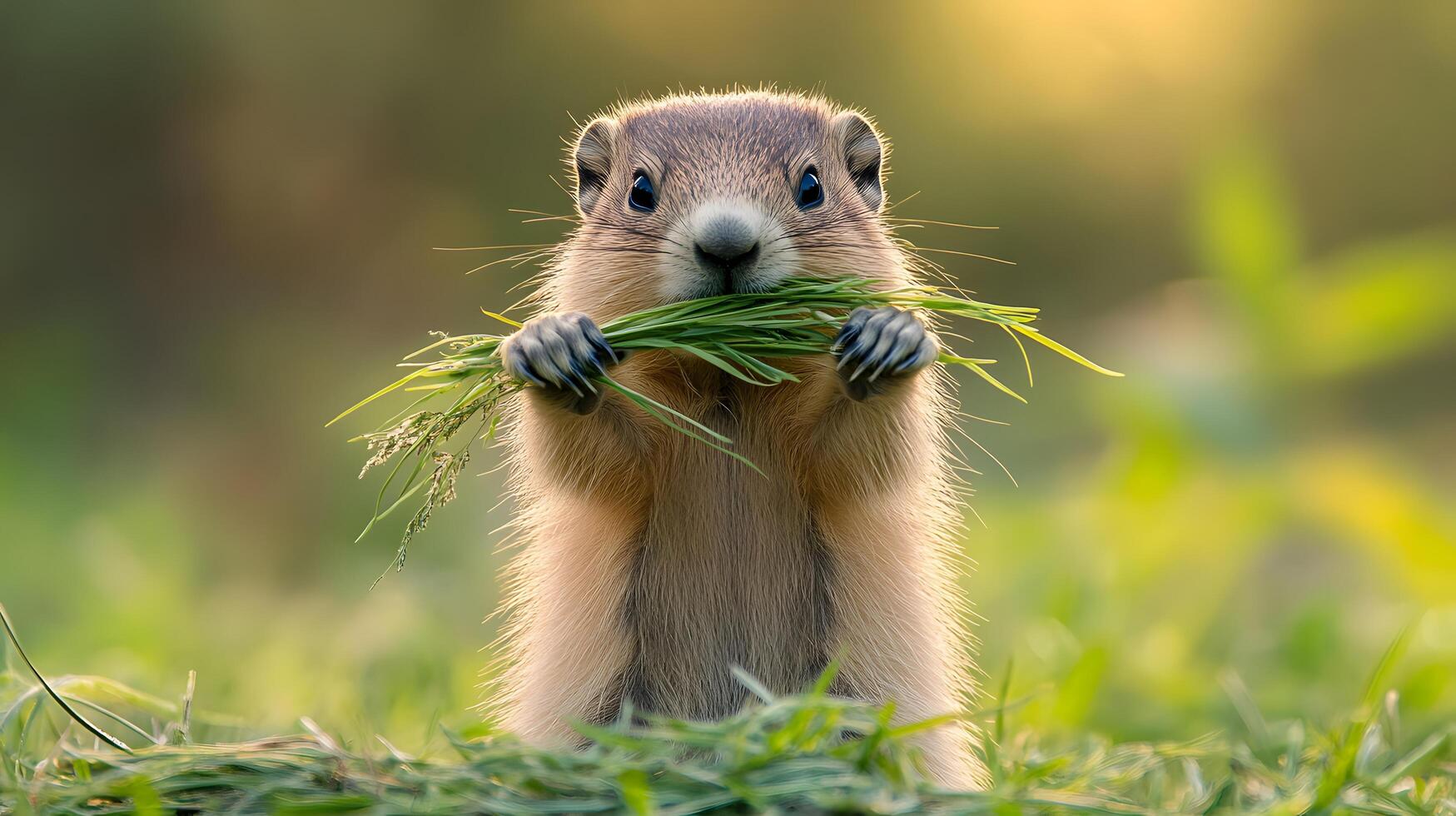 Groundhog stands in prairie grassland holding grass in paws, displaying soft golden fur near burrow entrance against green meadow background in natural sunlight with curious expression. fur photo